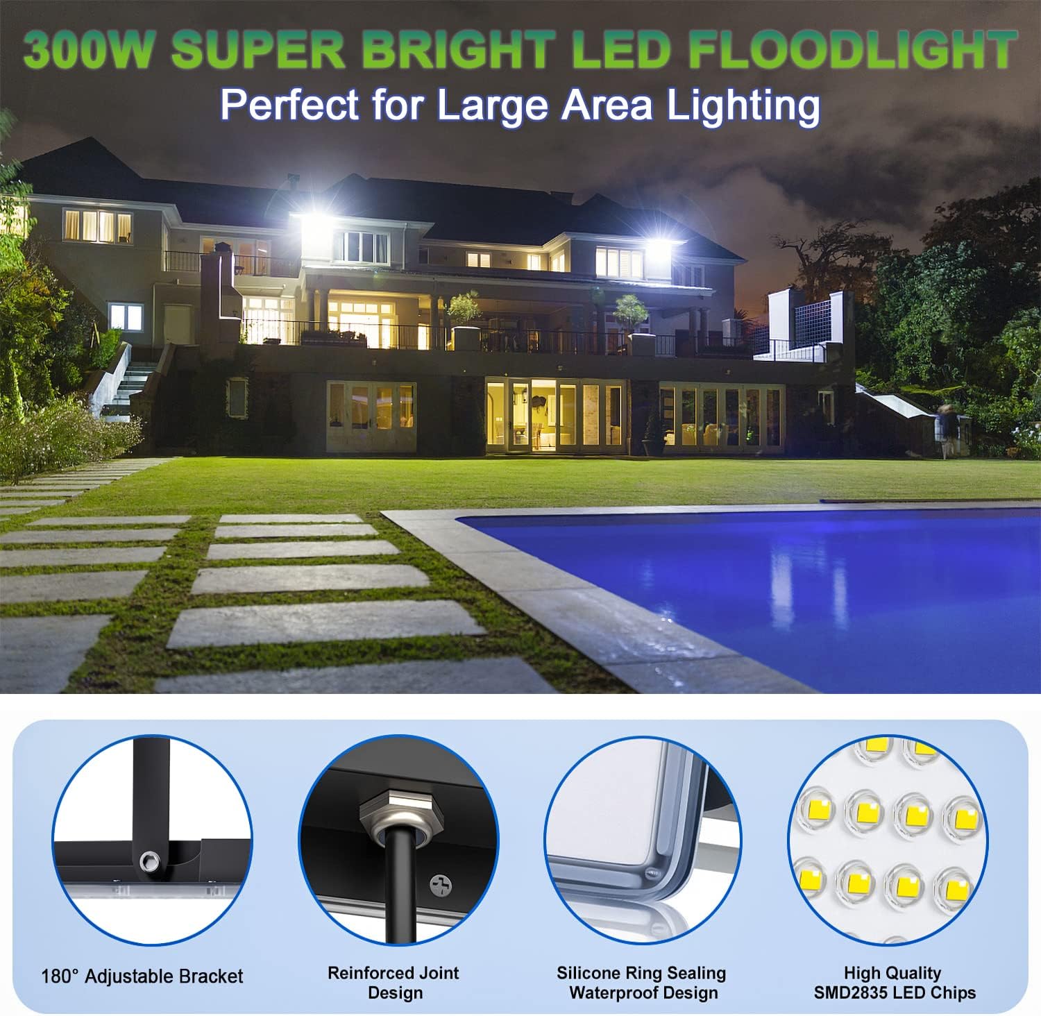 Thumbnail 5 de YIQIBRO 300W Outdoor LED Flood Light (2-Pack) – IP67, 30,000 Lumen, 7000K Cool White