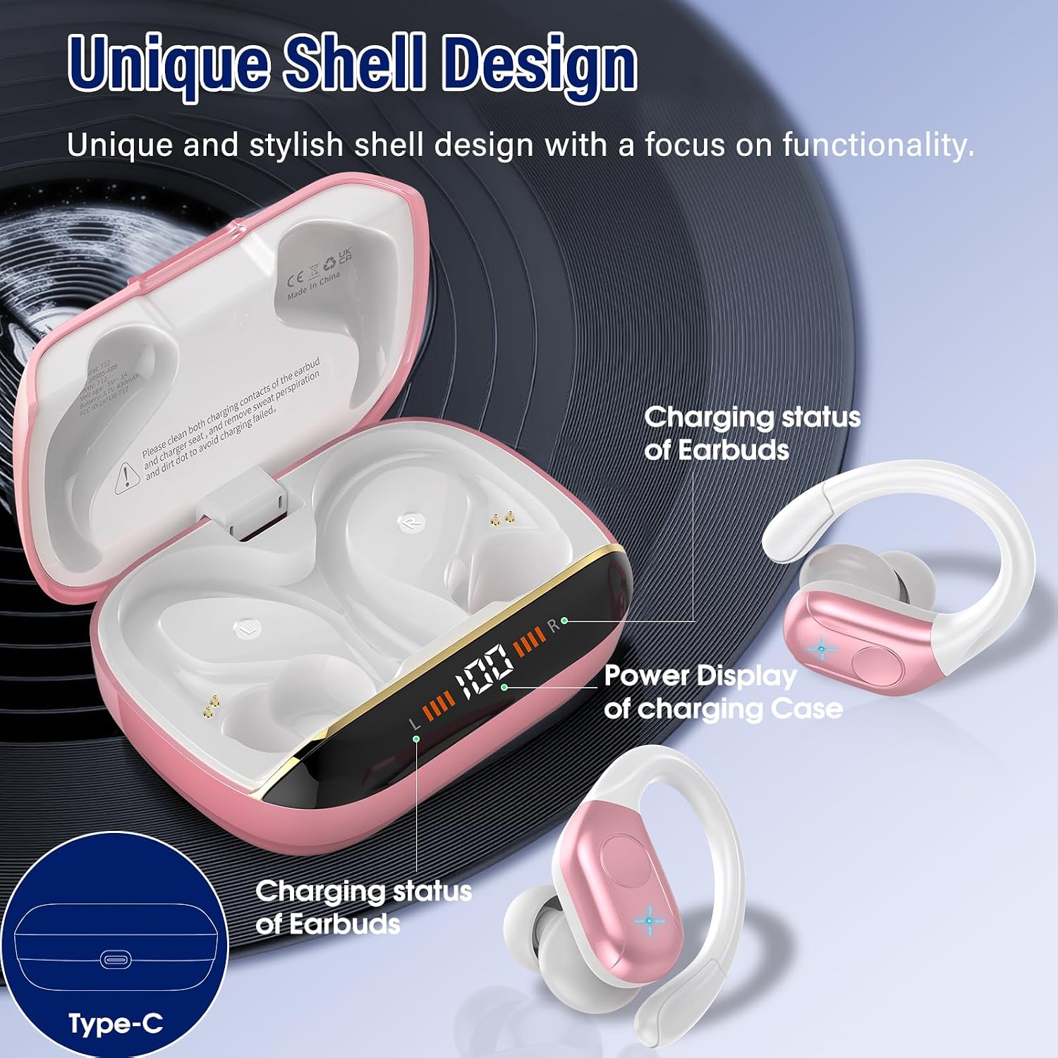 Detalle 1 de Qecnato T12 Wireless Earbuds, IP7 Waterproof, Bluetooth 5.4, Blush Pink
