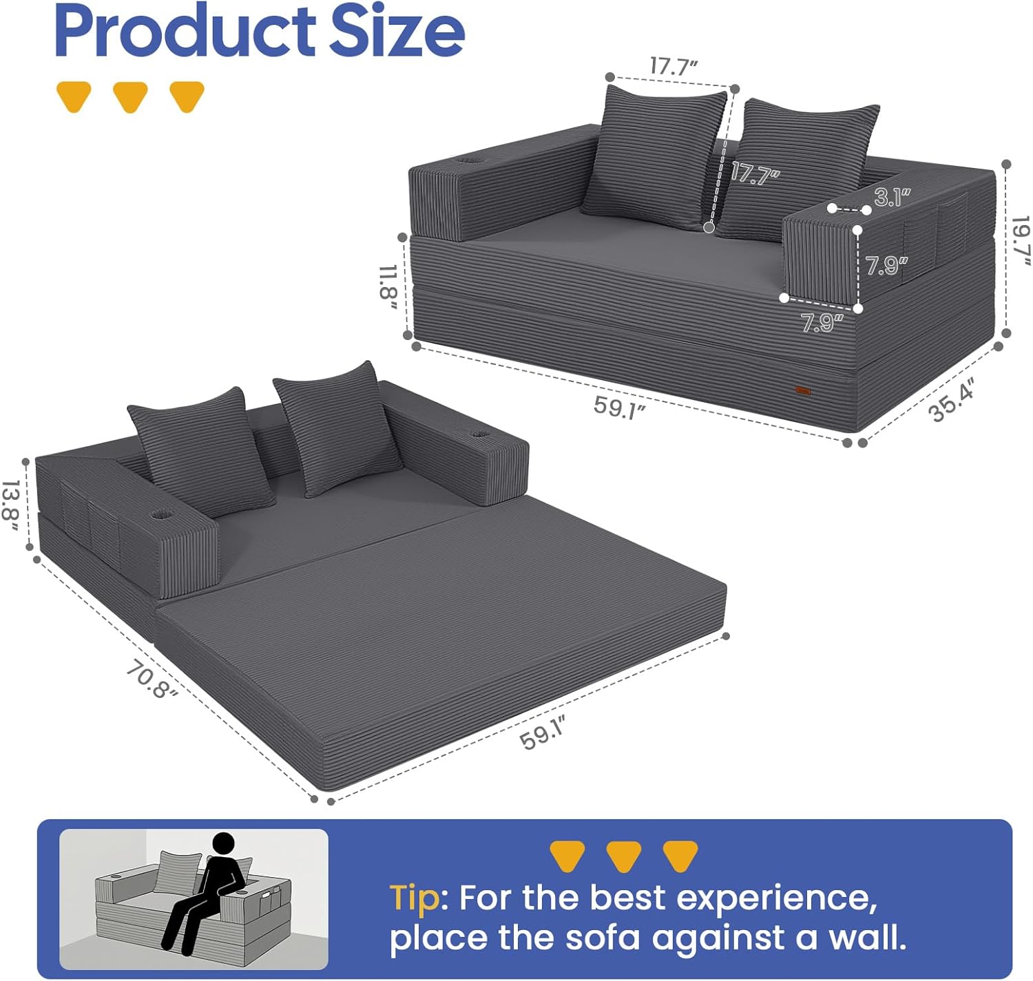 Detalle de COMAX Futon Sofa Bed 4-in-1: Space-Saving Convertible for Small Living Rooms