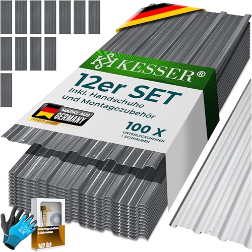 Detalle de KESSER® 12 plaques de tôle profilée trapézoïdale 129 cm x 45 cm – 7 m², acier galvanisé 0,25 mm, gants de montage
