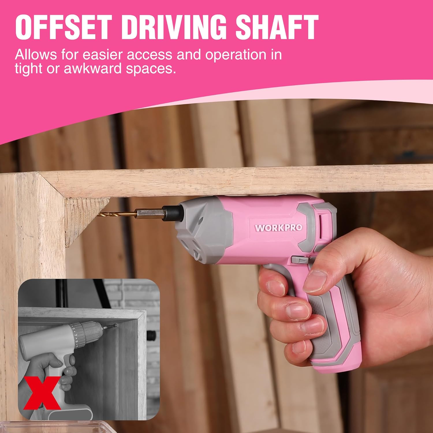 Detalle de WORKPRO Avvitatore elettrico da 3,6 V con 7 Nm, LED e ricarica USB (rosa)