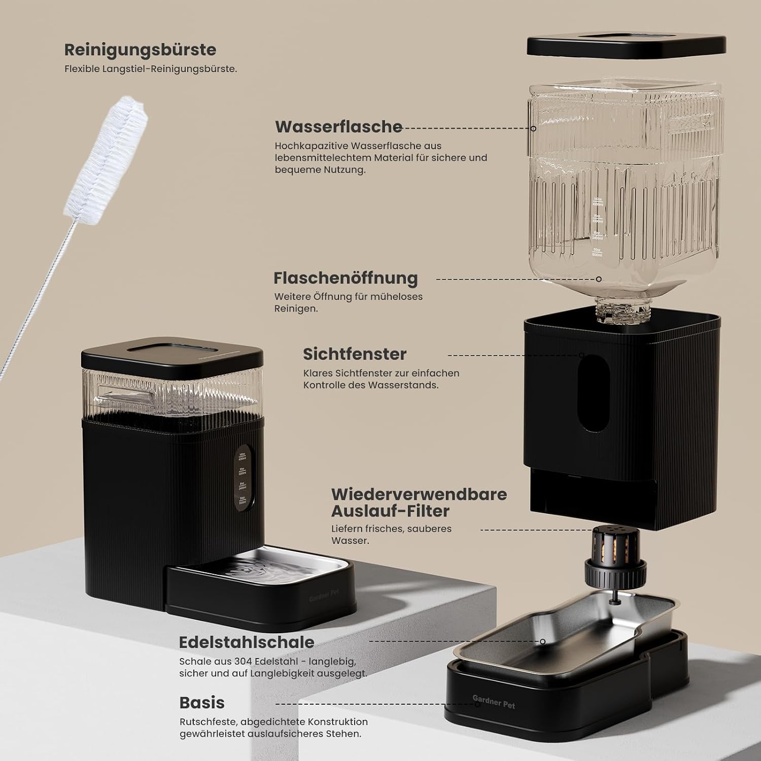 Detalle de Gardner Pet automatischer Wasserspender 8,5 l mit Schwerkraft-System und Edelstahlschüssel
