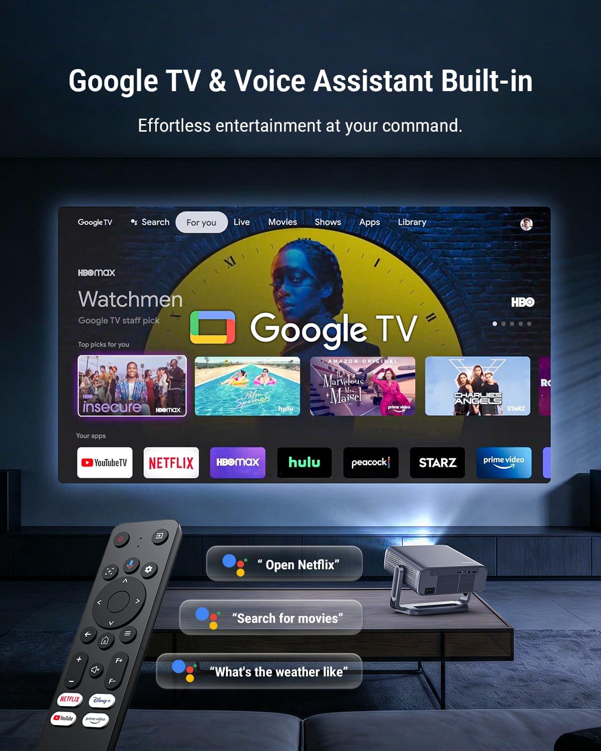 Detalle de Smart 4K Projector with Google TV Bundle — 2500 ANSI, Auto Focus, WiFi & Bluetooth