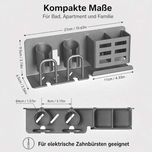 Detalle 2 de KEXIBO Zahnbürstenhalter Wand Ohne Bohren – Aluminium, Klebehalterung für 2 Becher, Grau