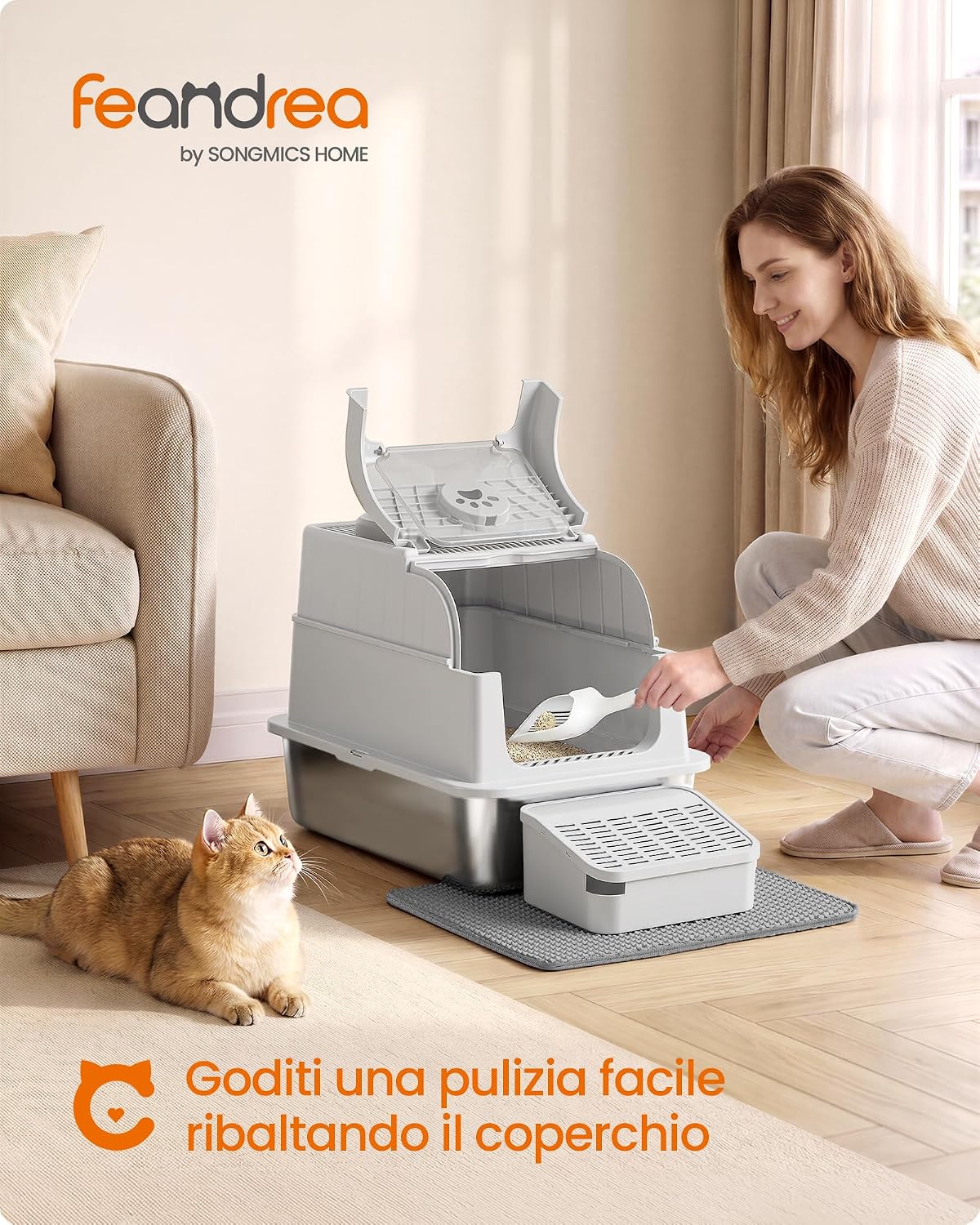 Detalle de Feandrea Lettiera per Gatti in Acciaio Inox con Coperchio: lettiera chiusa, 2 ingressi e kit completo