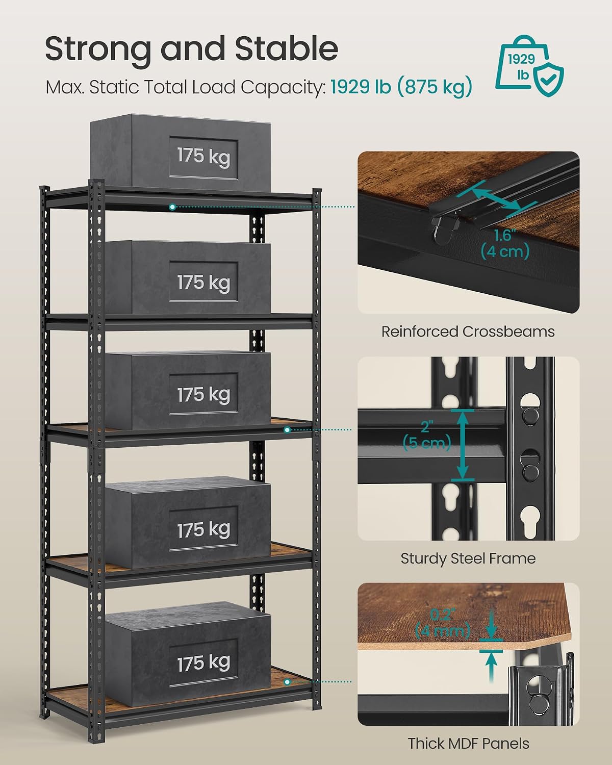 Detalle de SONGMICS COZORY GLR450B11 5-Tier Steel Shelving Unit with Adjustable MDF Shelves