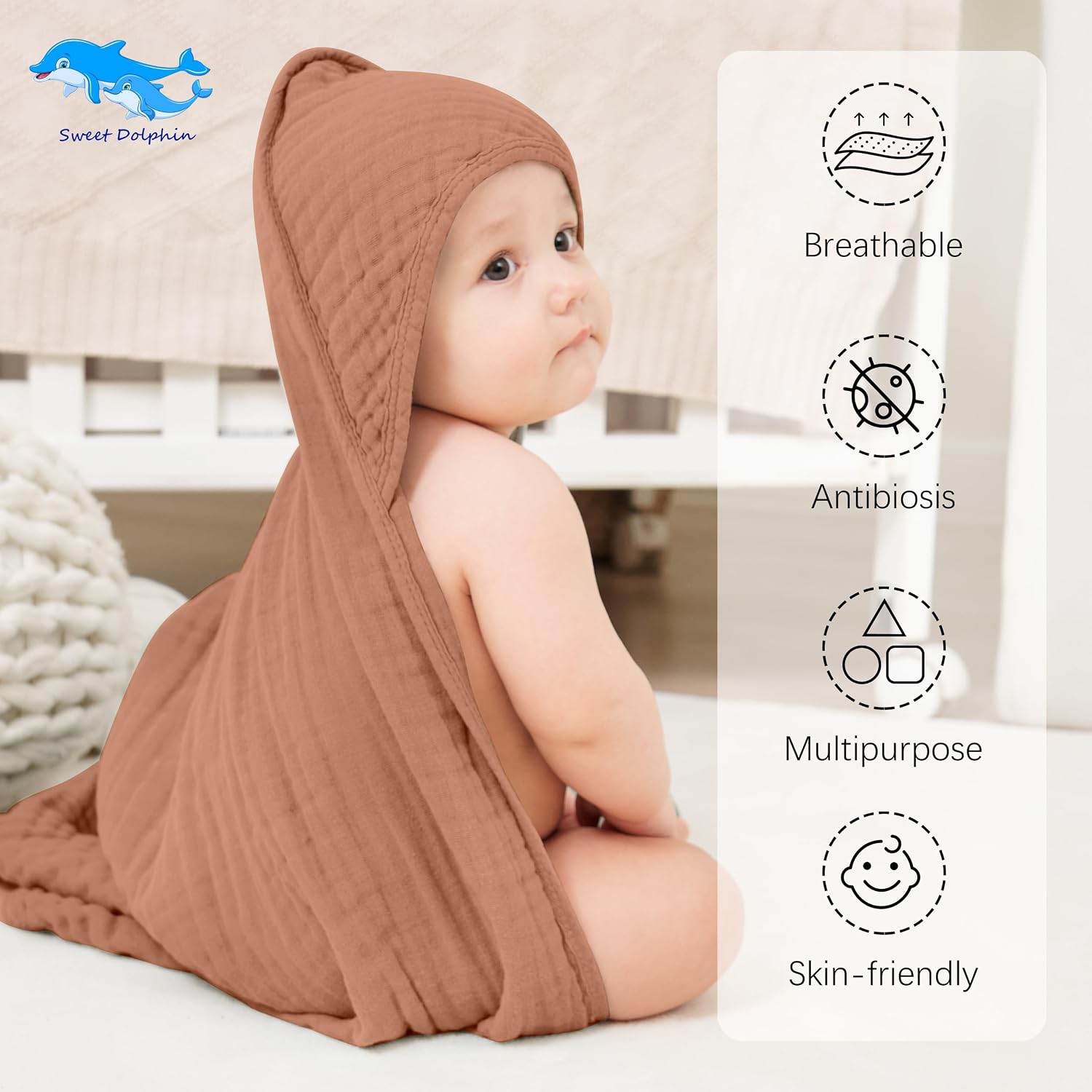 Detalle de SWEET DOLPHIN Hooded Baby Bath Towels, 32 x 32 Inches