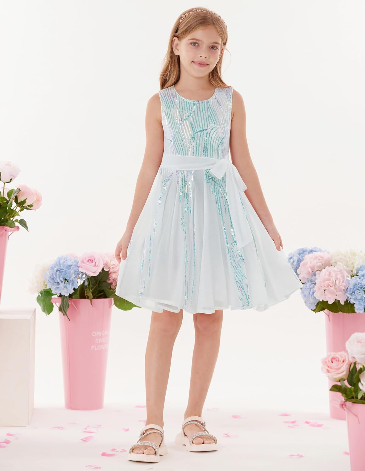 Detalle de GRACE KARIN Abito dorato per ragazze con paillettes: stile festivo in tessuto elastico e chiffon