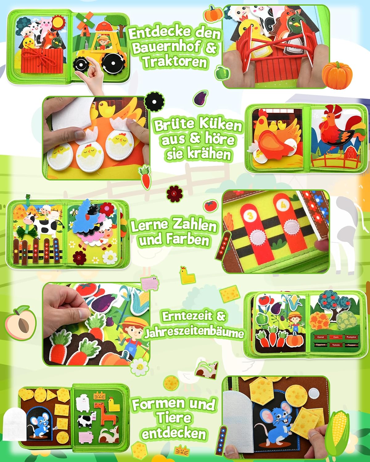 Thumbnail 3 de Meafeng Busy Board Montessori Spielzeug 20-in-1 – Bauernhof-Thema, ab 1 Jahr, weiches Filz-Image für frühe Bildung