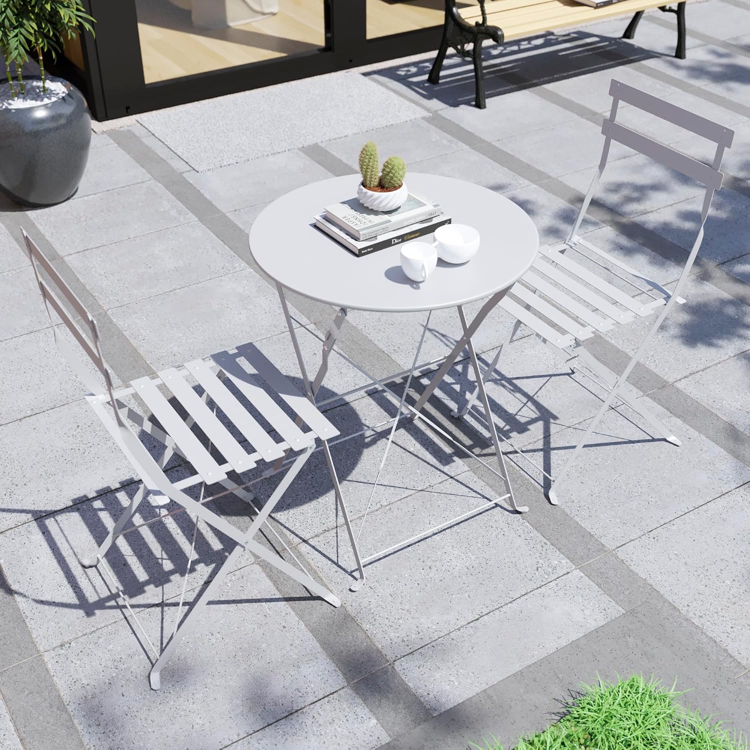 Thumbnail 1 de Garden Vida Porto 2 Seater Metal Folding 3-piece Bistro Set (Light Grey) for Garden, Patio & Balcony