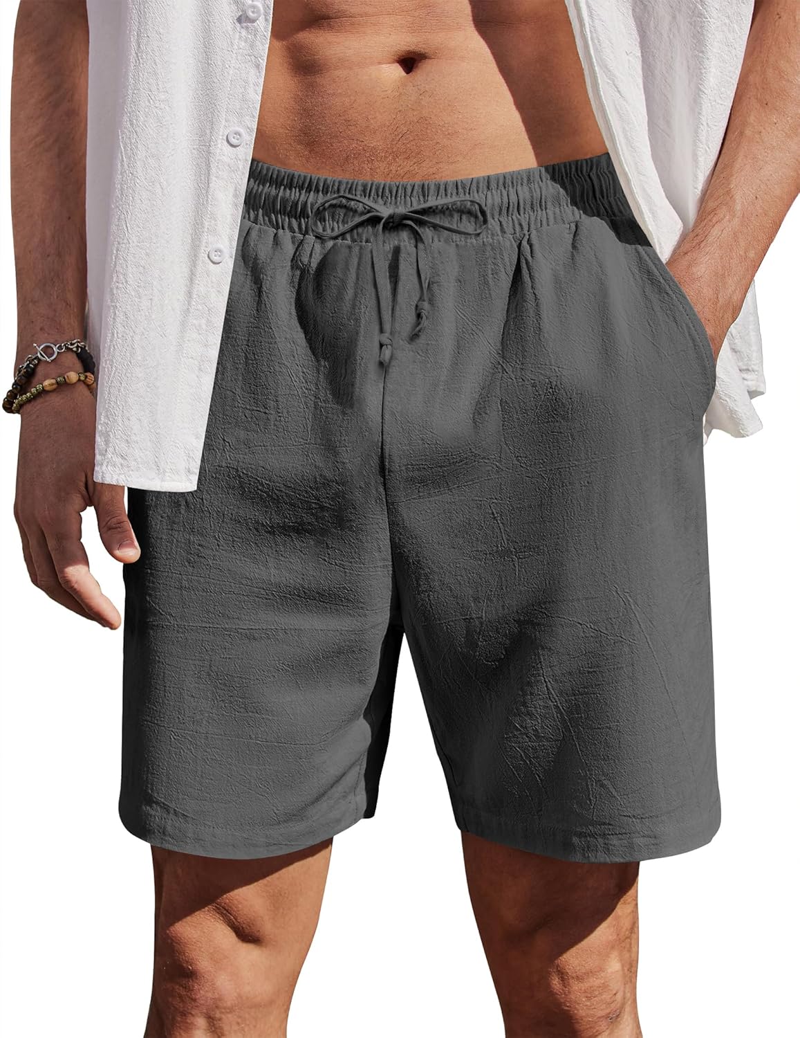 Detalle de COOFANDY Short décontracté pour homme en coton – pantalon court plage avec élastique et poches