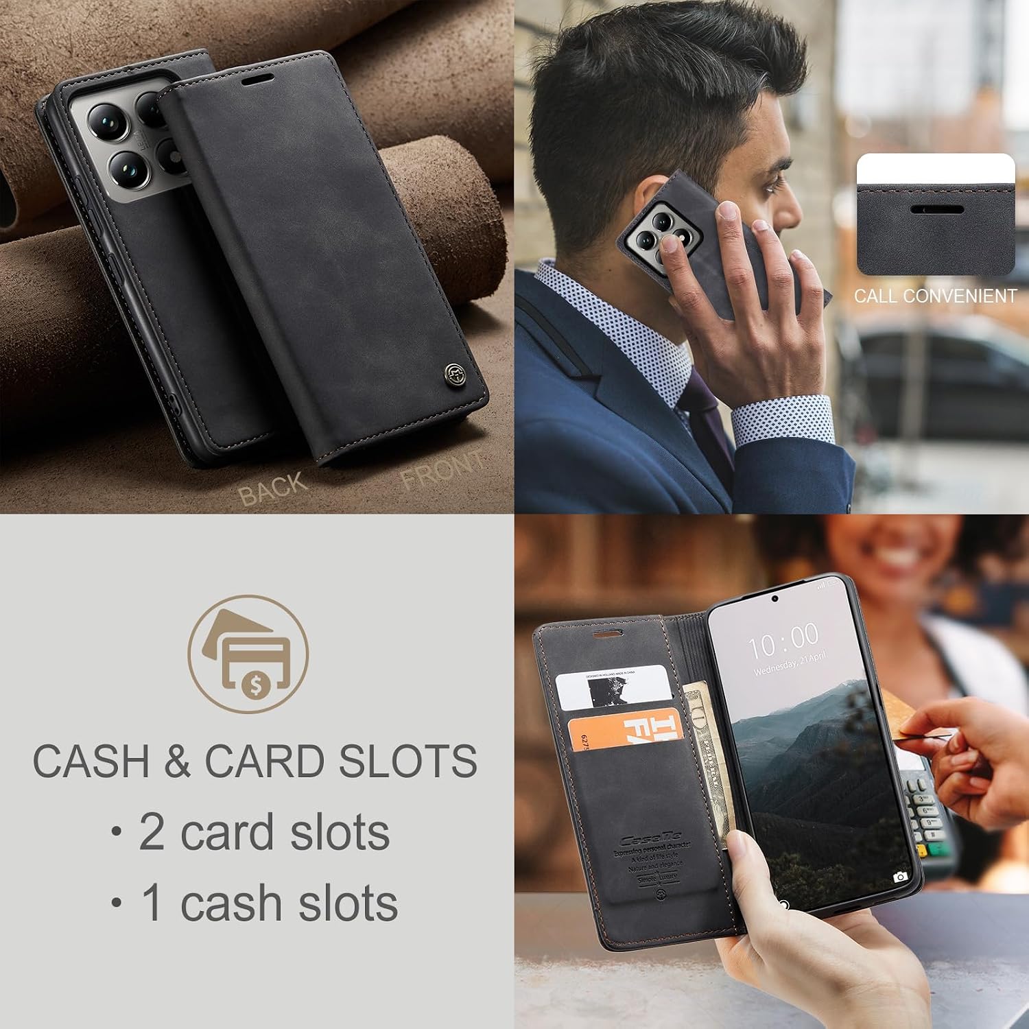Detalle 2 de Cracedily Handyhülle für Xiaomi 14T Pro: Klapp-Flipcase mit Kartenfach, Magnetverschluss und Standfunktion (Schwarz)
