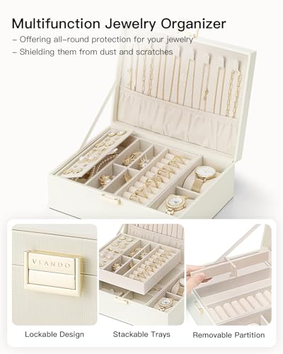 Detalle de VLANDO Caja de Joyería 2 Capas Grande: Organizador Multifuncional en Cremas y Reloj