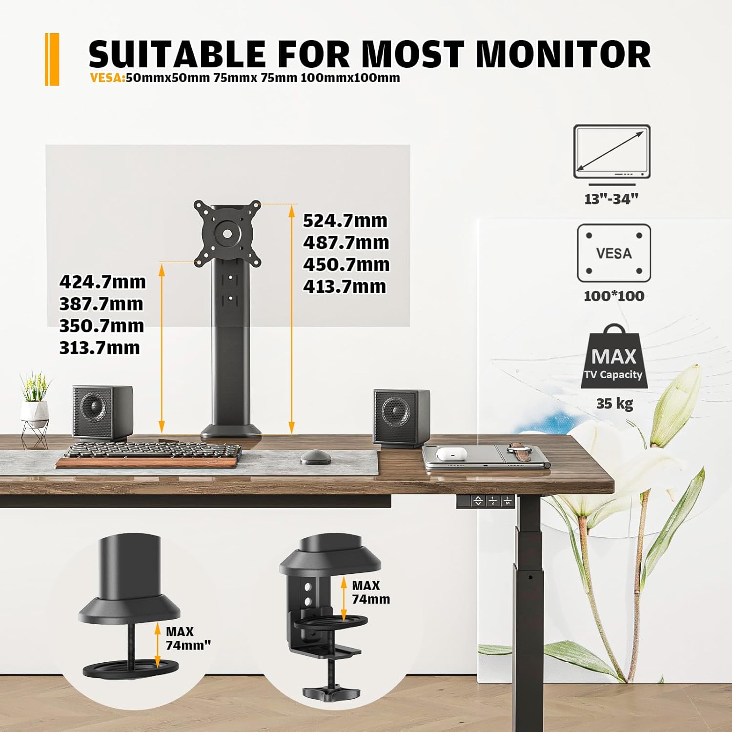 Thumbnail 6 de Hemudu Monitorträger für Einzeltisch – höhenverstellbar, schwenkbar & drehbar für 13 bis 32 Zoll, bis 35 kg, schwarz