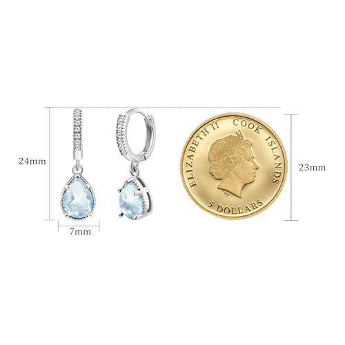 Detalle de Weviway Silver Aquamarine Drop Earrings – Teardrop Crystal Hoop with Lever-Back Closure