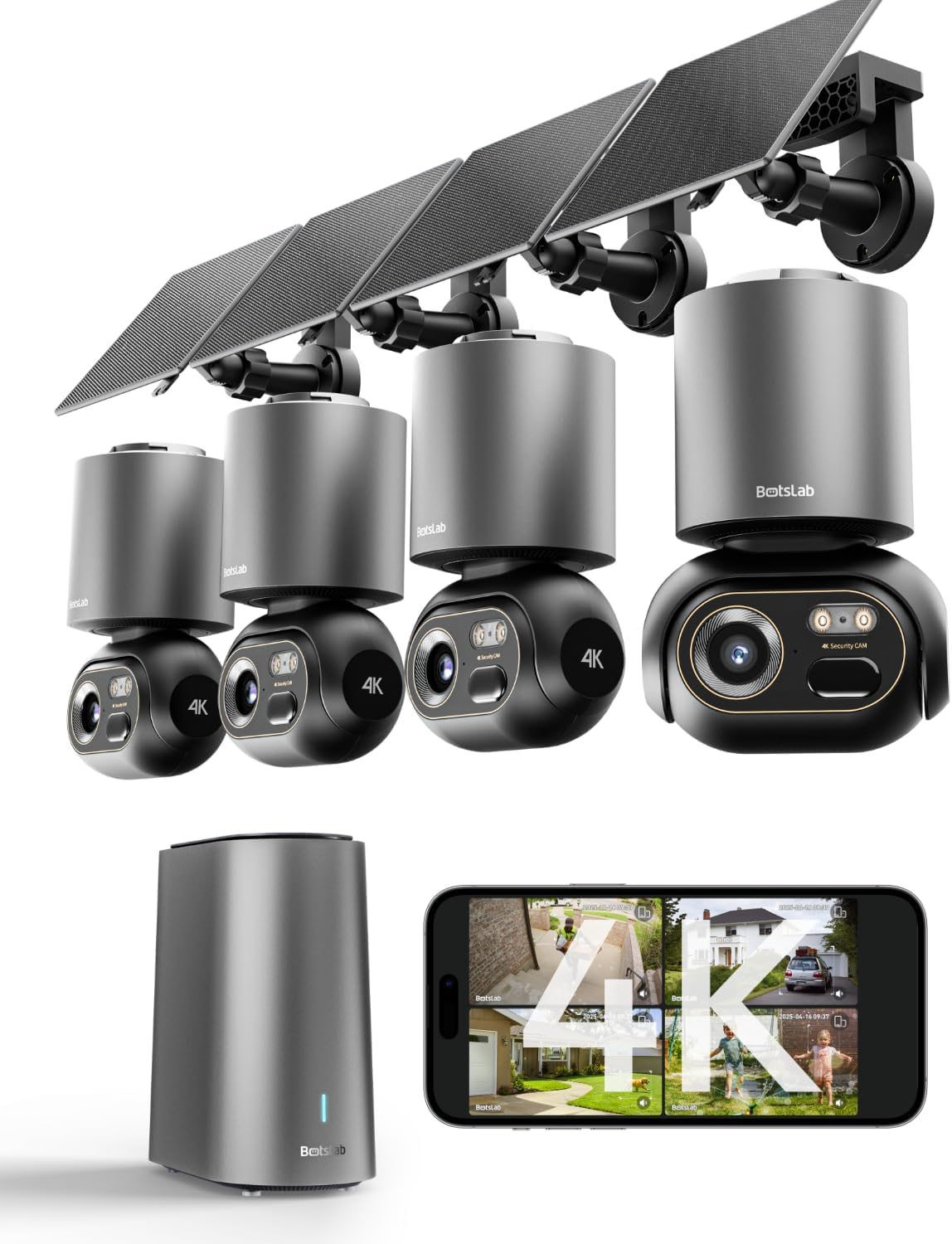 Detalle de BOTSLAB 8MP Outdoor Wireless 4-Cam Kit with WiFi Base Station, 4K 360° PTZ Solar Camera (No Subscription)