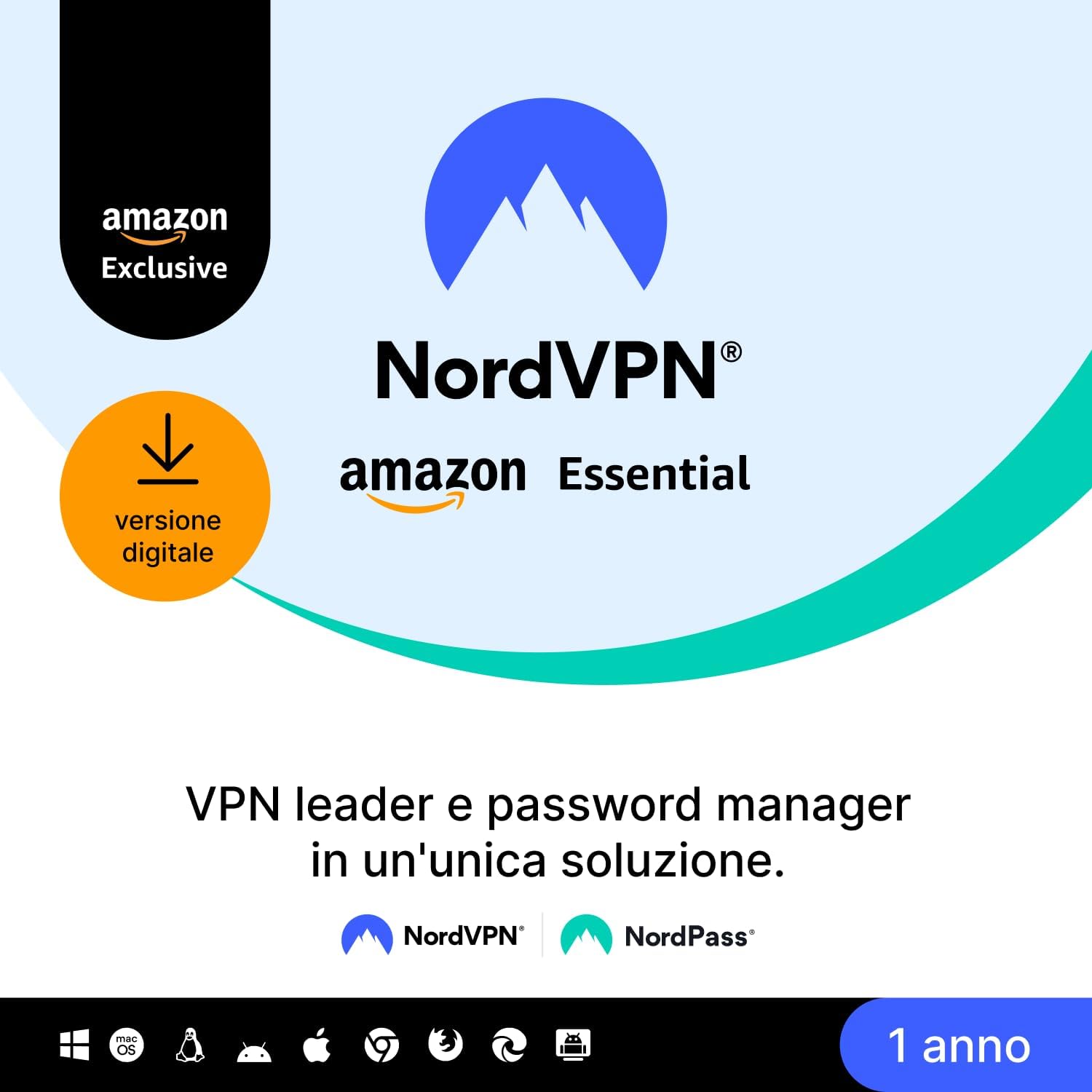 Detalle de NordVPN Amazon Essential: VPN + Password Manager per 10 Dispositivi, 1 Anno