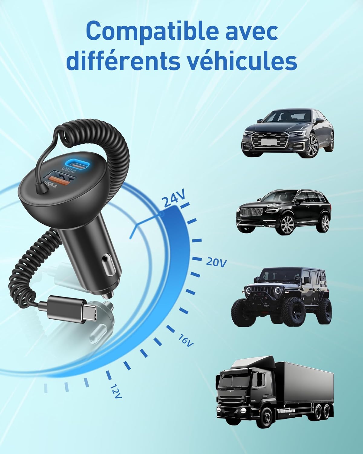 Thumbnail 5 de LUOSIKE chargeur voiture 75W USB‑C 2 ports avec câble enroulé 1,2 m et allume‑cigare 12V