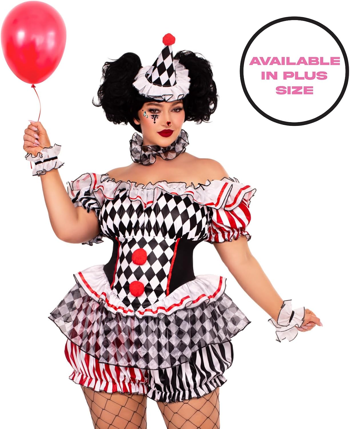 Detalle de Leg Avenue Darling Harlequin Clown Costume with Hat, Ruffles and Pom-Poms