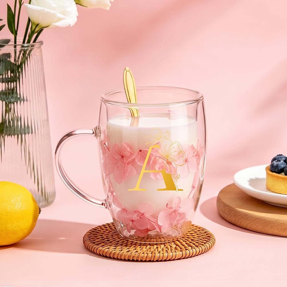 Detalle 2 de AOOTE 6324903 Dried Flower Double-Wall Glass Mug, 350 ml, Letter A