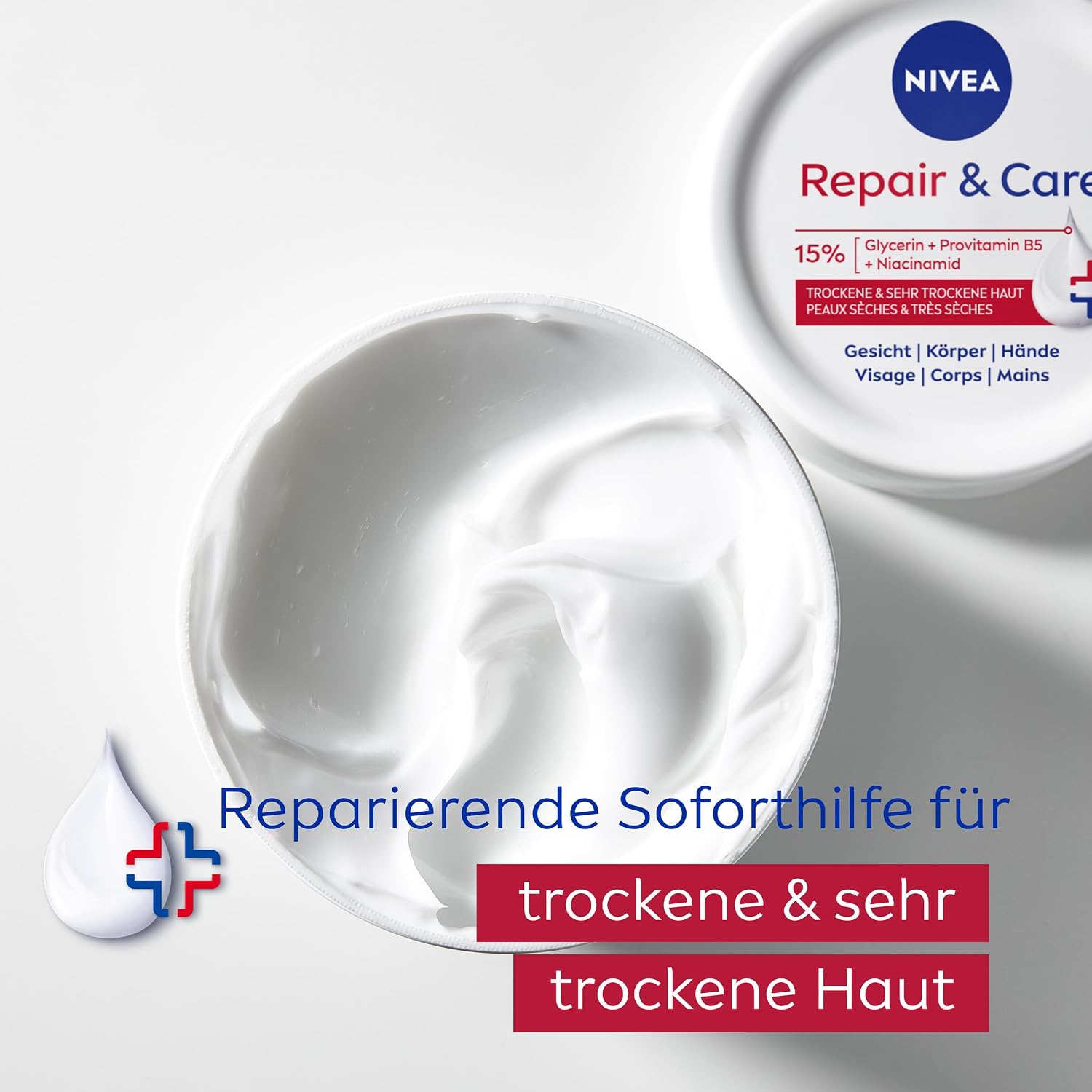 Detalle 2 de NIVEA Repair & Care Creme 400 ml – feuchtigkeitsspendende, nicht fettende Körpercreme für sehr trockene Haut