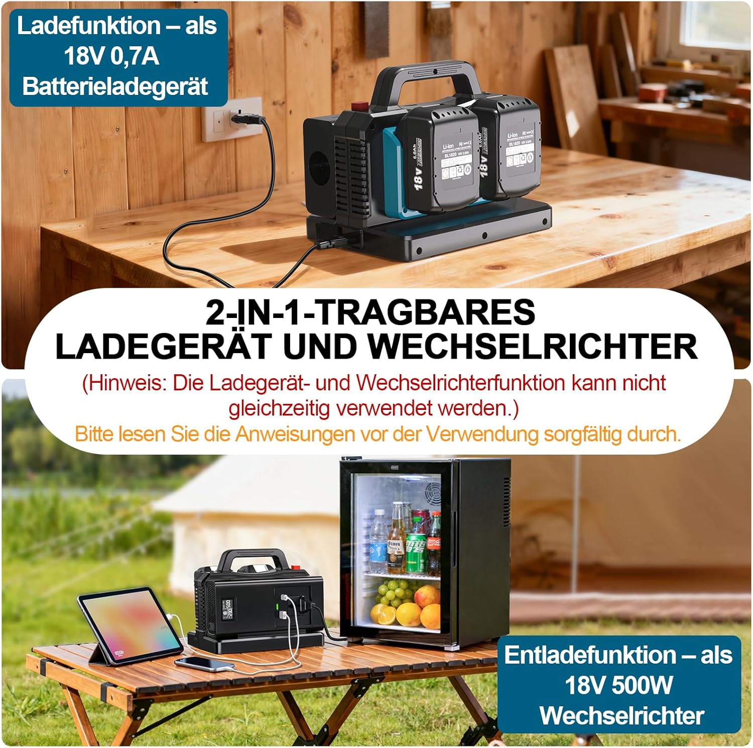 Thumbnail 1 de 2-in-1 Wechselrichter Ladegerät für Makita 18V Akku, 500W – Tragbarer DC-AC Konverter mit USB-Ports