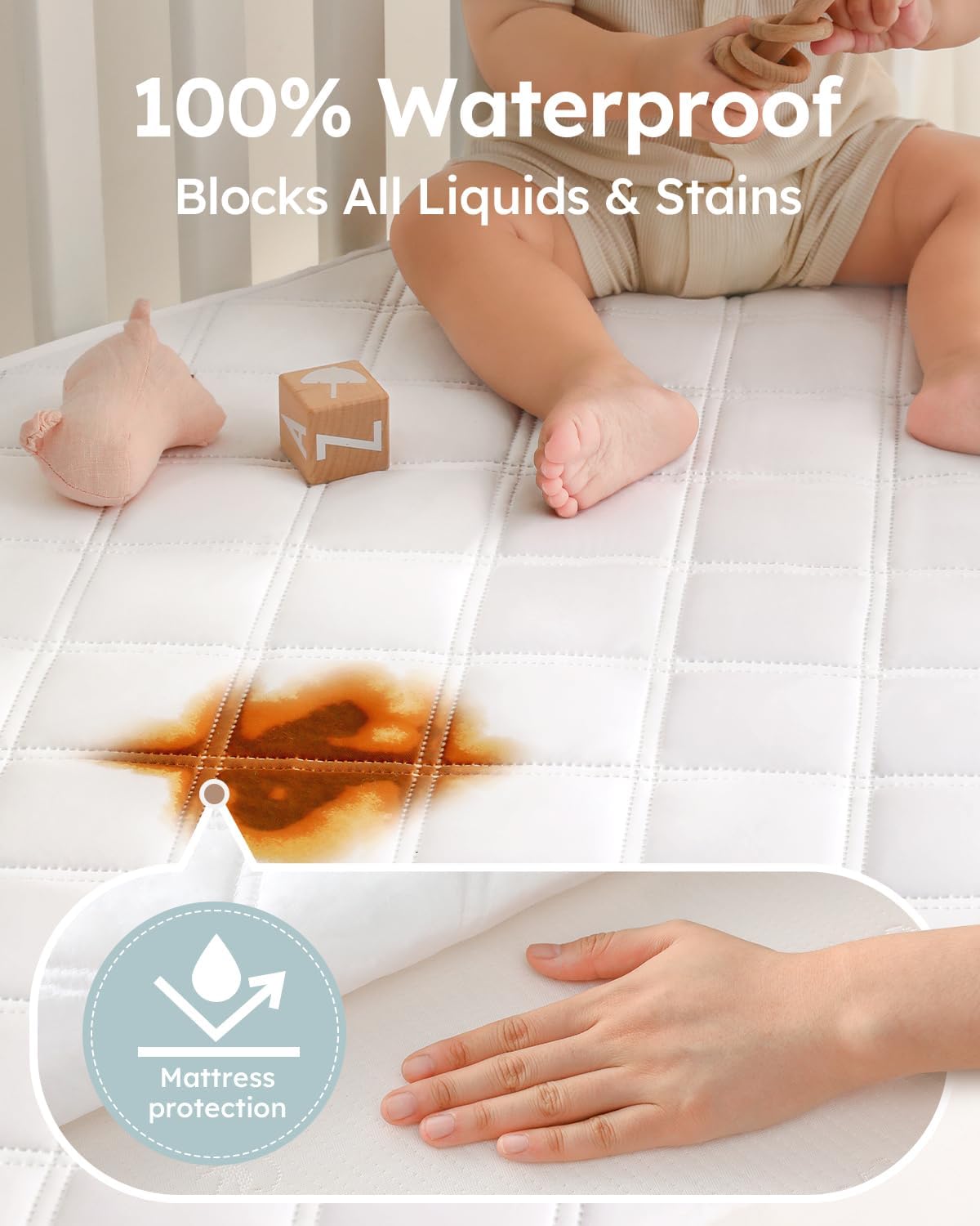 Detalle de Yoofoss Waterproof Cot Bed Mattress Protector (120 x 60 cm) – Breathable, Noiseless Toddler Cot Mattress Cover