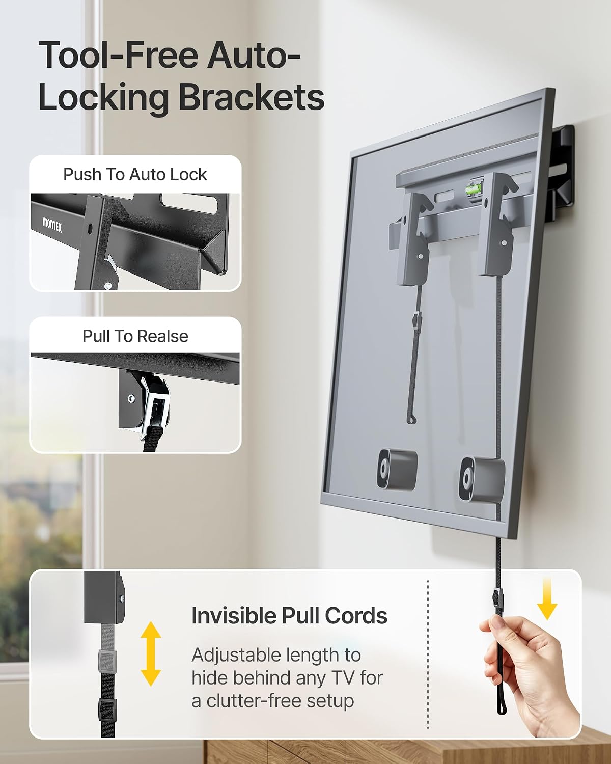 Detalle 2 de monTEK No Stud TV Wall Mount for 23-65 Inch Flat & Curved TVs (Up to 132 lbs) — No Drill, Low Profile