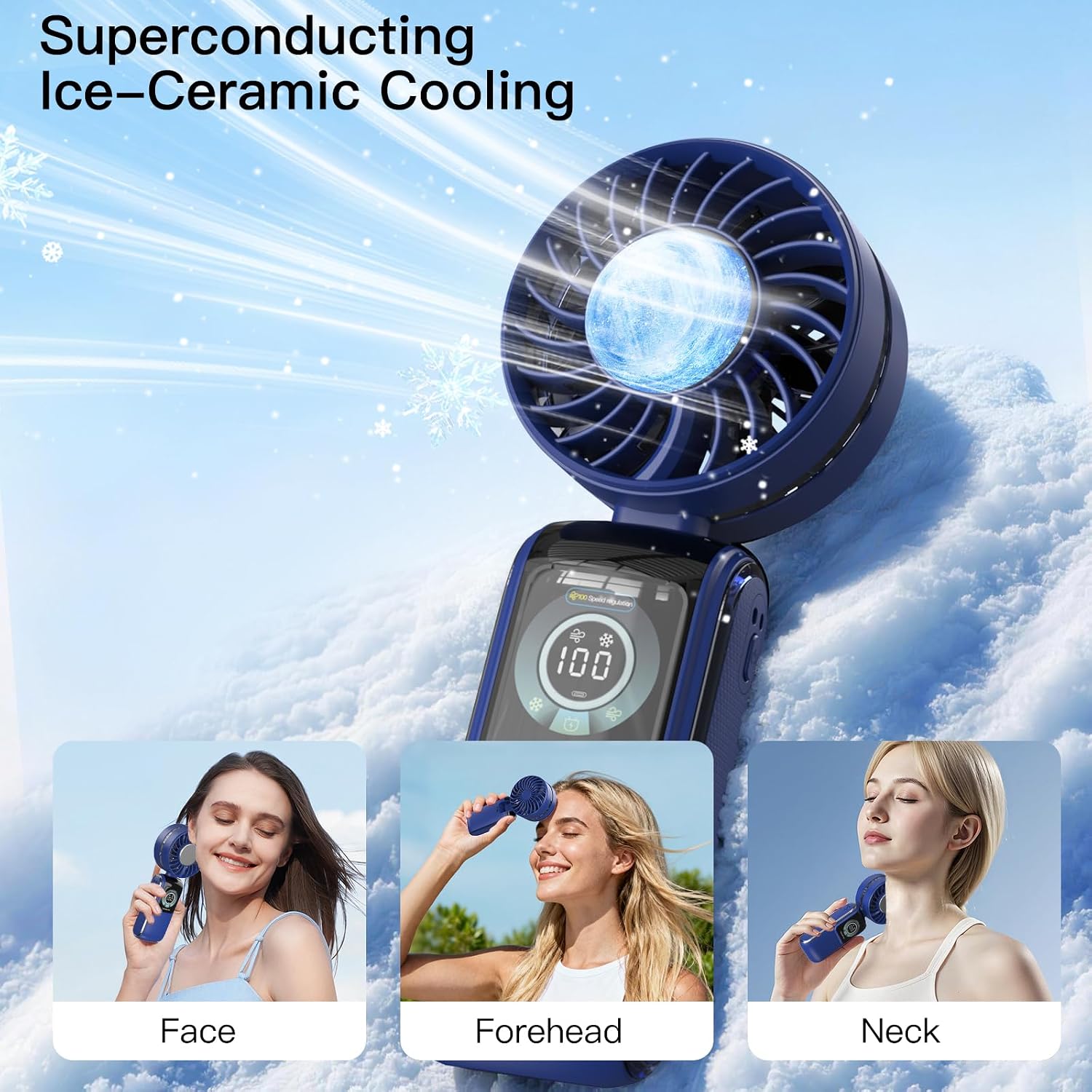 Thumbnail 1 de RaMokey Handheld Fan Rechargeable: 5 Speeds, Ice Cooling, 3-in-1 Portable Mini Fan (Dark Blue)