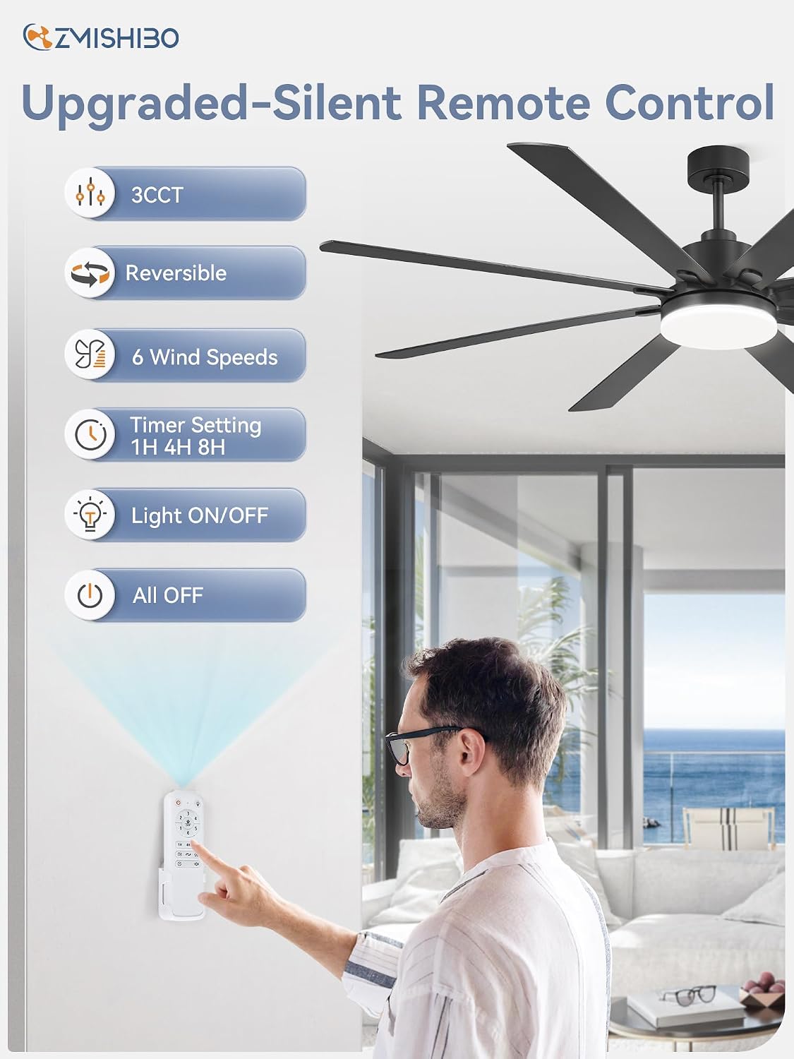 Thumbnail 5 de 72 Inch Large Ceiling Fan with Remote and LED Panel — Quiet, Reversible DC Motor for Indoor/Outdoor Use