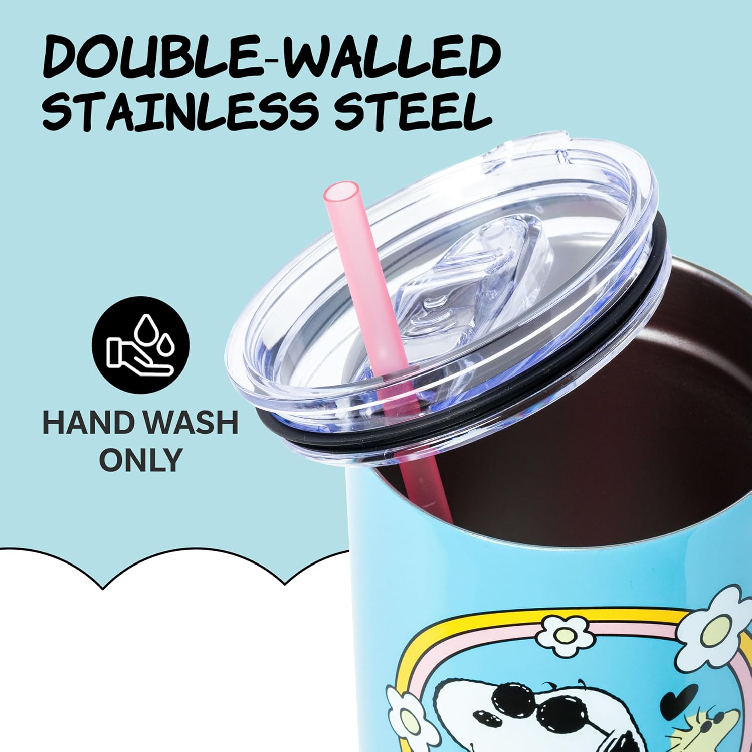Detalle 2 de Silver Buffalo Peanuts Feelin' Groovy 40 oz Stainless Steel Tumbler with Handle and Straw