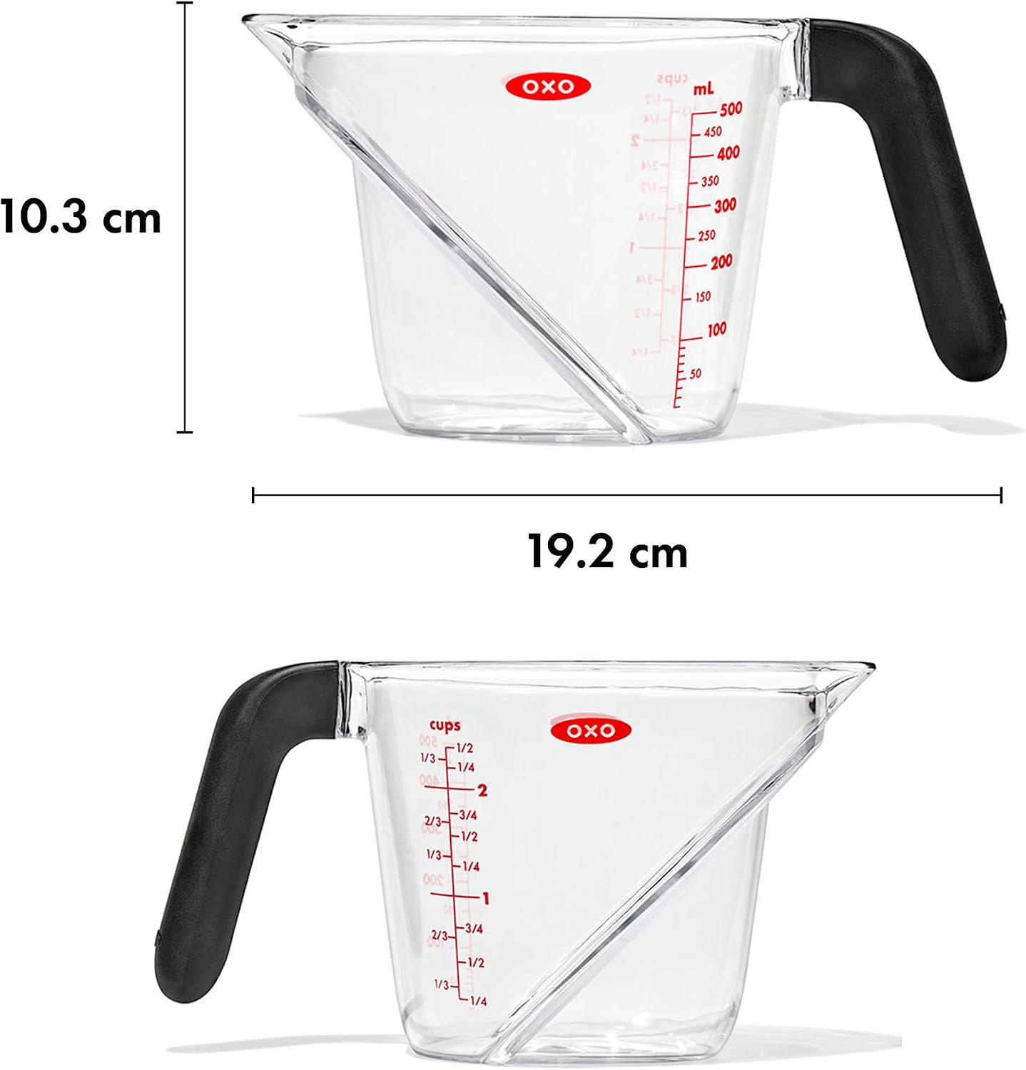 Detalle de OXO アングルドメジャーカップ 中 500ml|上から読める目盛り・ml/cup表記・電子レンジ対応