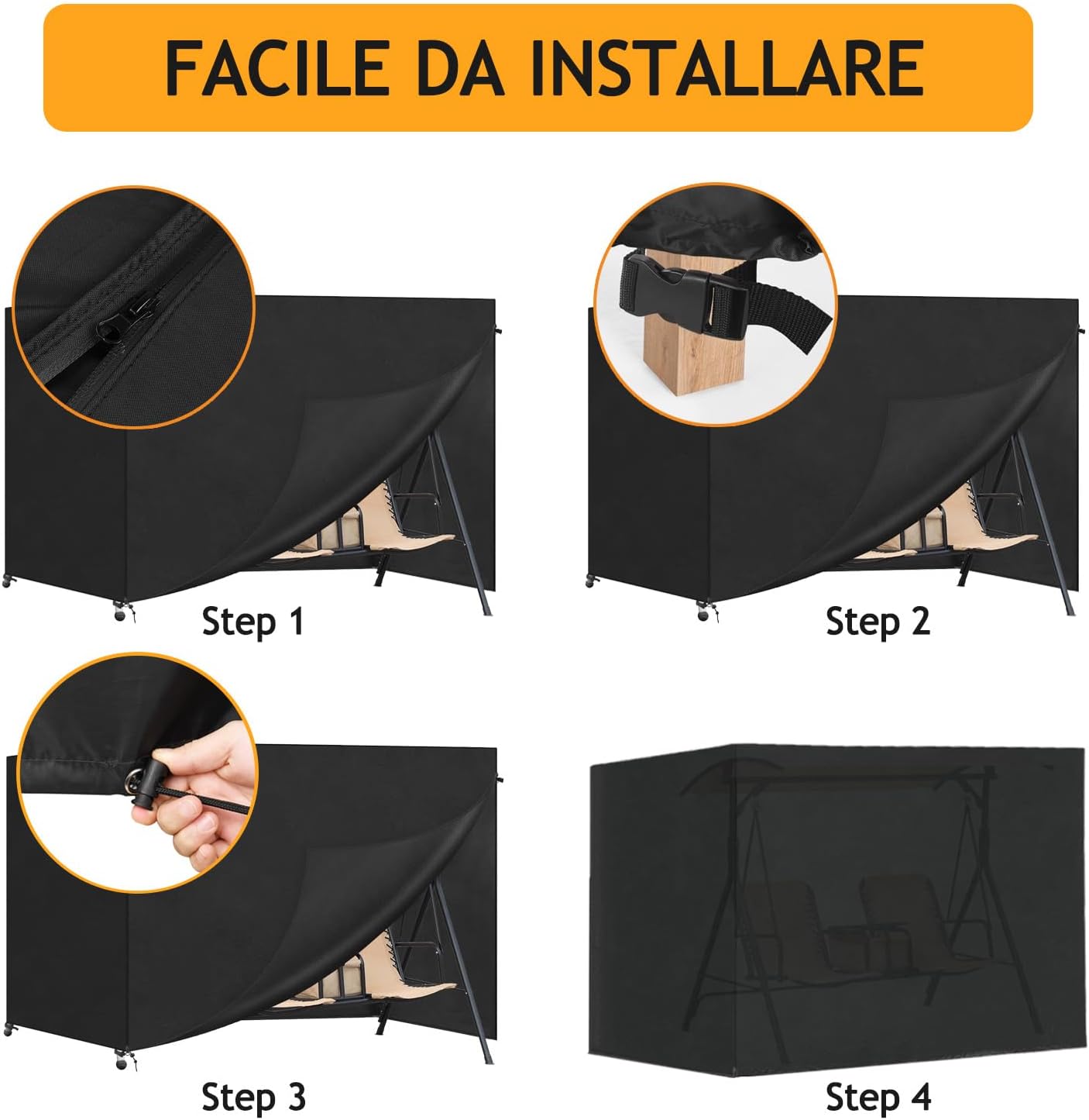 Detalle de Copertura per dondolo da giardino Impermeabile 3 posti 600D Oxford – Nera, 220x150x150 cm
