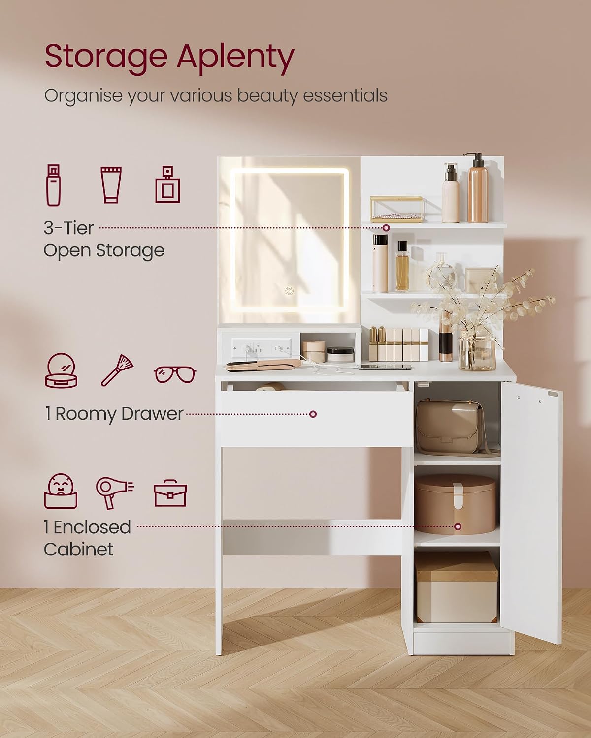 Detalle de VASAGLE KAILYN URDT138W02 Vanity Desk with LED Mirror and Power Outlet