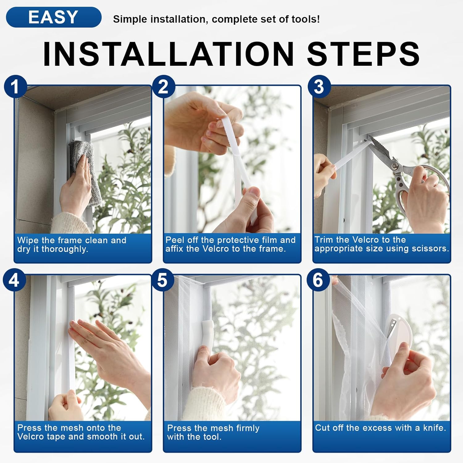 Thumbnail 6 de YANGTE 2 Packs Fly Screens for Windows – 130x150 cm, Self-Adhesive Window Netting (White) with 2 Rolls & Cutter