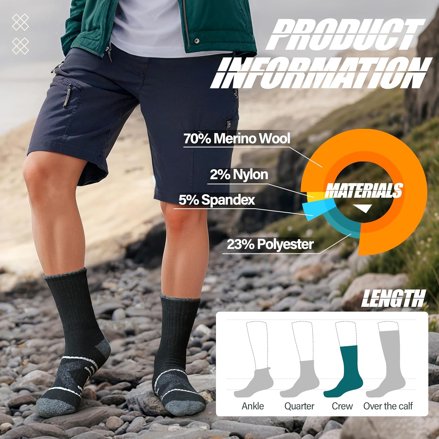 Thumbnail 4 de ANTSANG Merino Wool Hiking Socks, 5-Pair Crew Boot Socks with Targeted Cushion
