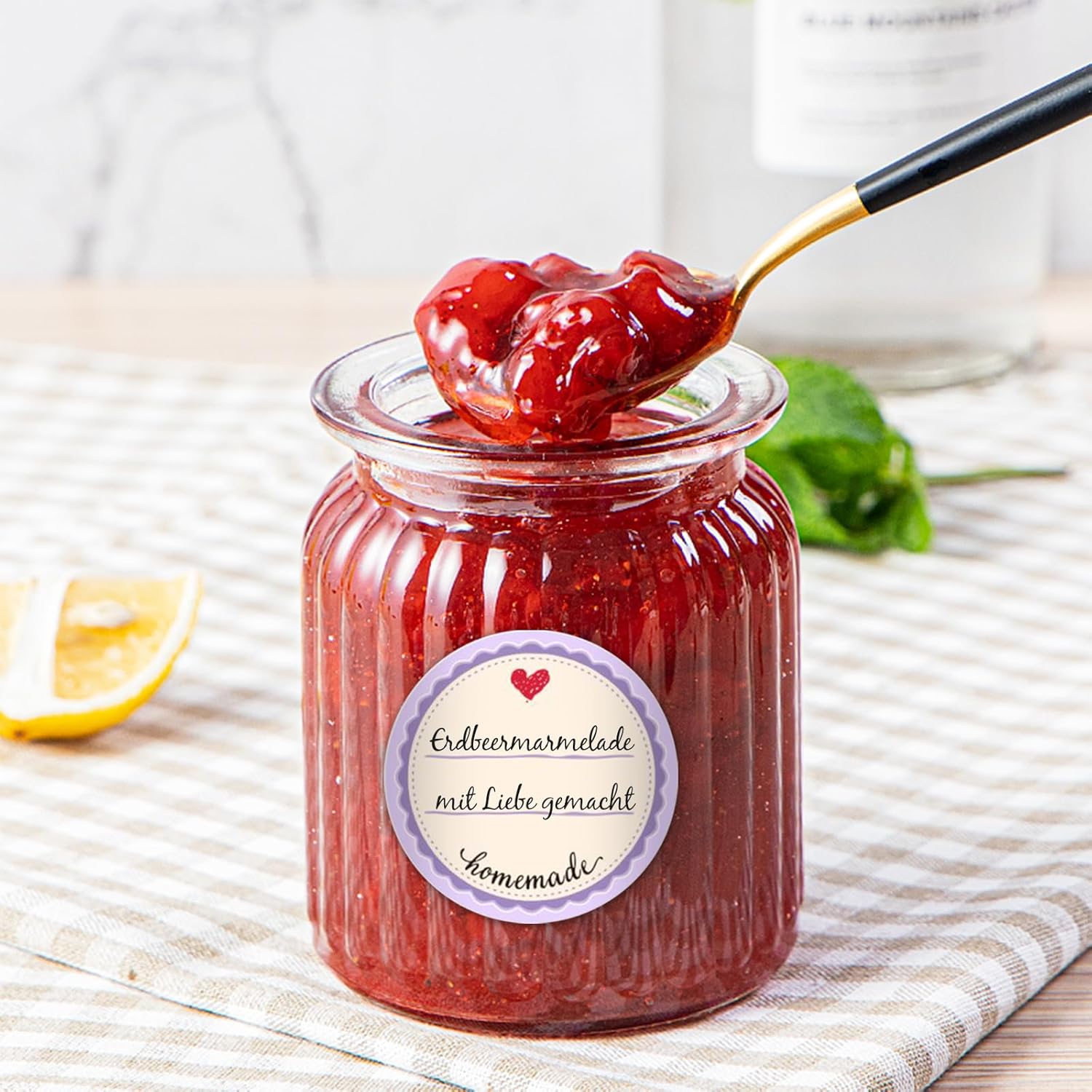 Thumbnail 6 de Willingood 600 Marmeladen-Etiketten selbstklebend (Ø 38 mm) im Retro-„Homemade“-Design, 4 Farben