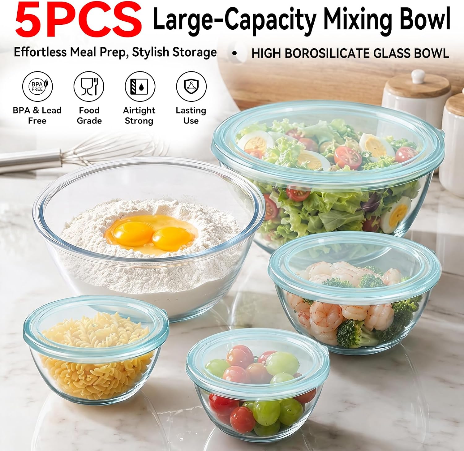 Detalle de YUANYE 5 Pack Glass Mixing Bowls with Lids Set (5/2.5/1.5/0.9/0.6QT) with Nesting Design