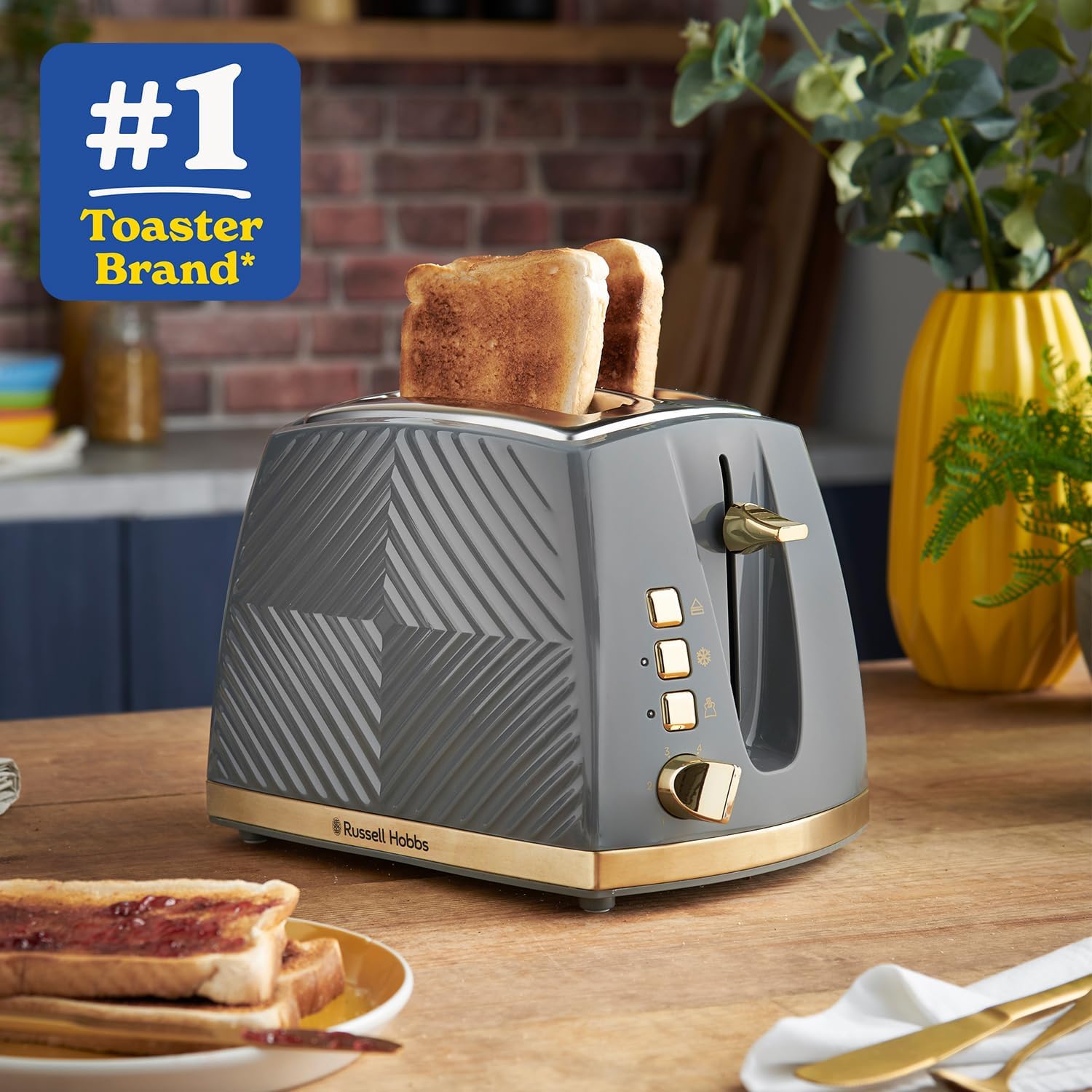 Thumbnail 1 de Russell Hobbs Groove 2 Slice Toaster: Grey with Brushed Gold Accents