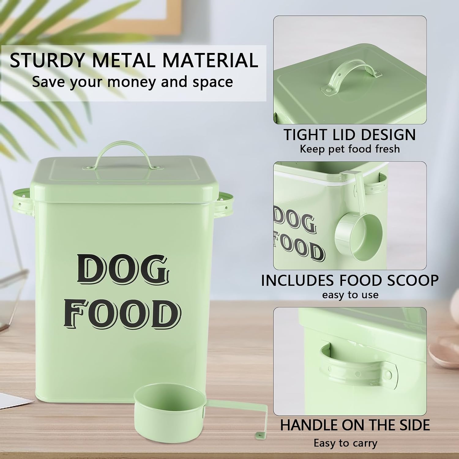 Detalle de Dog Food Storage Container: Vintage-Style Metal Canister with Lid, Scoop, and Enamel Finish