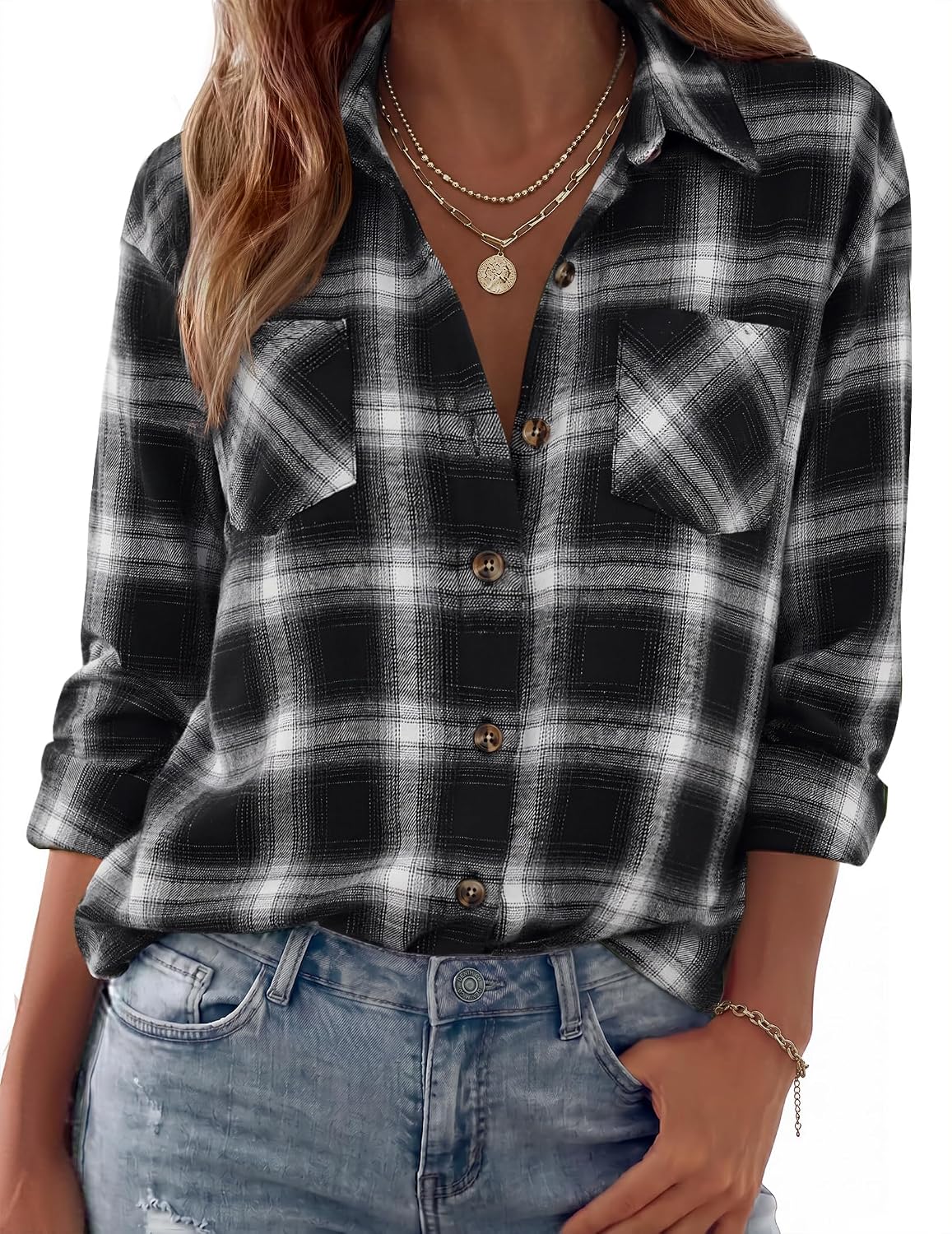 Detalle de Zeagoo Women's Flannel Plaid Button-Down Shirt, Long-Sleeve Casual Shacket