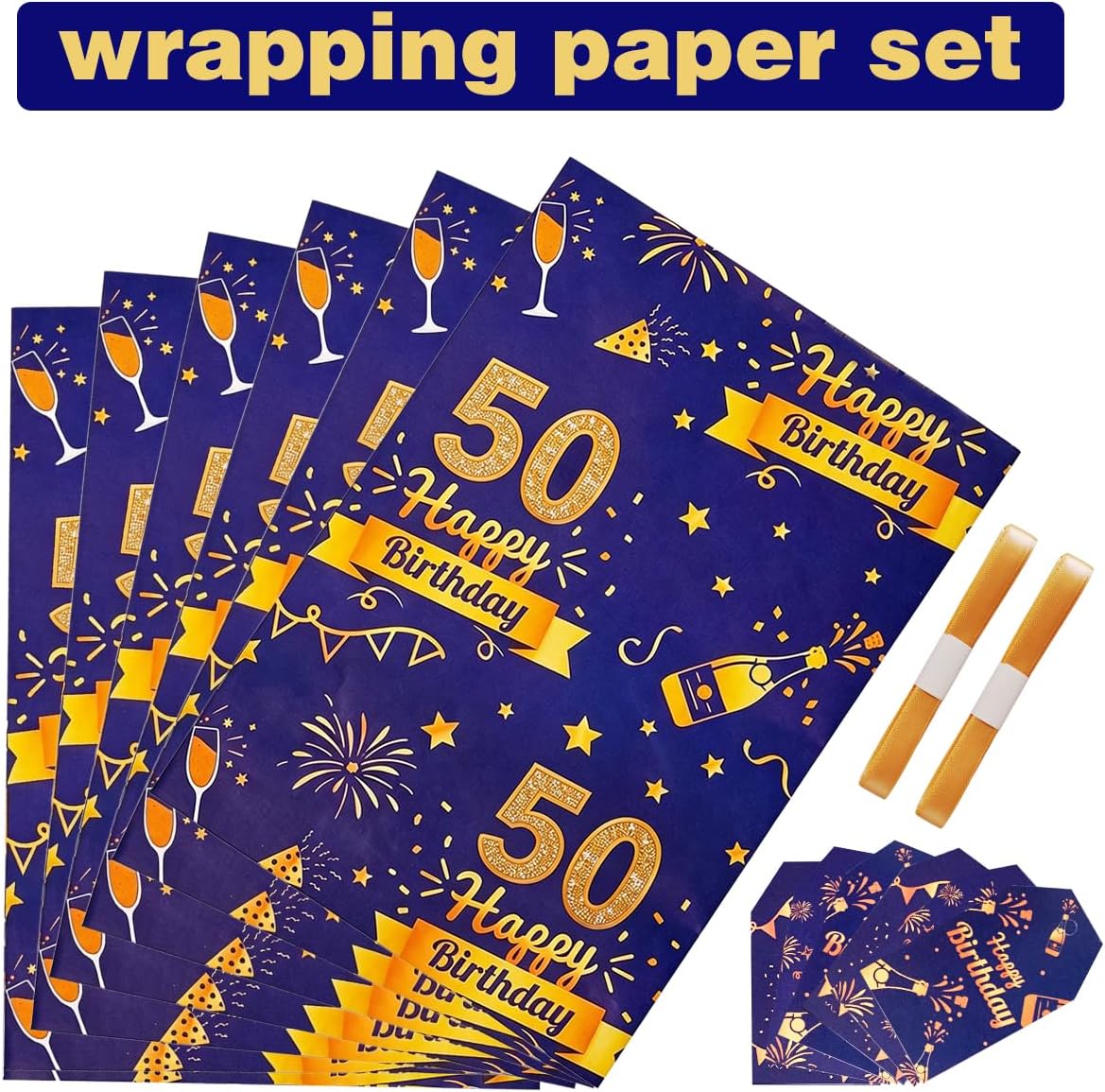 Detalle 2 de 50th Birthday Blue & Gold Wrapping Paper Set with Tags and Ribbons