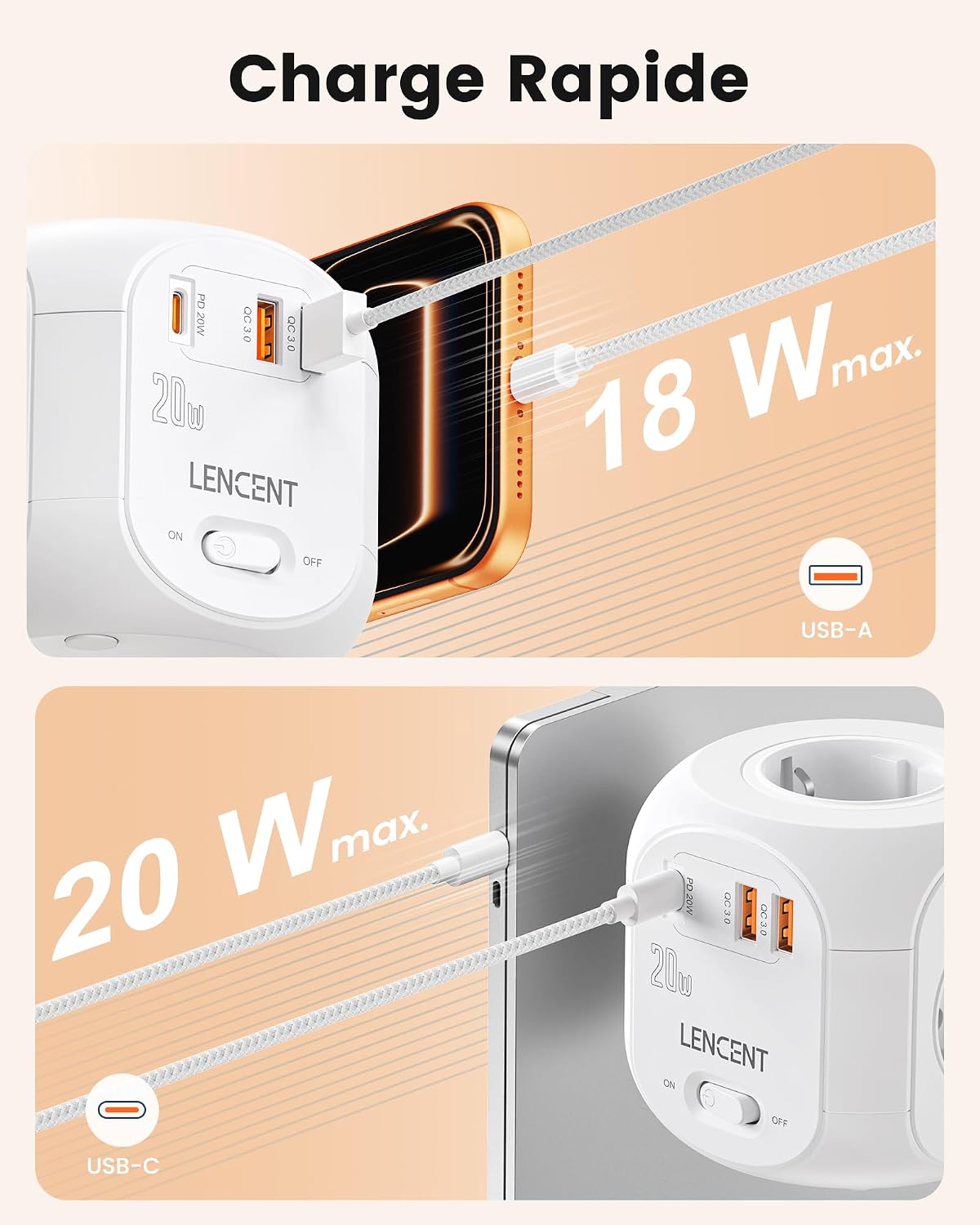 Detalle de LENCENT SL-805E-F-PD stekkerdoos met 4 stopcontacten, QC 3.0 en PD 20 W