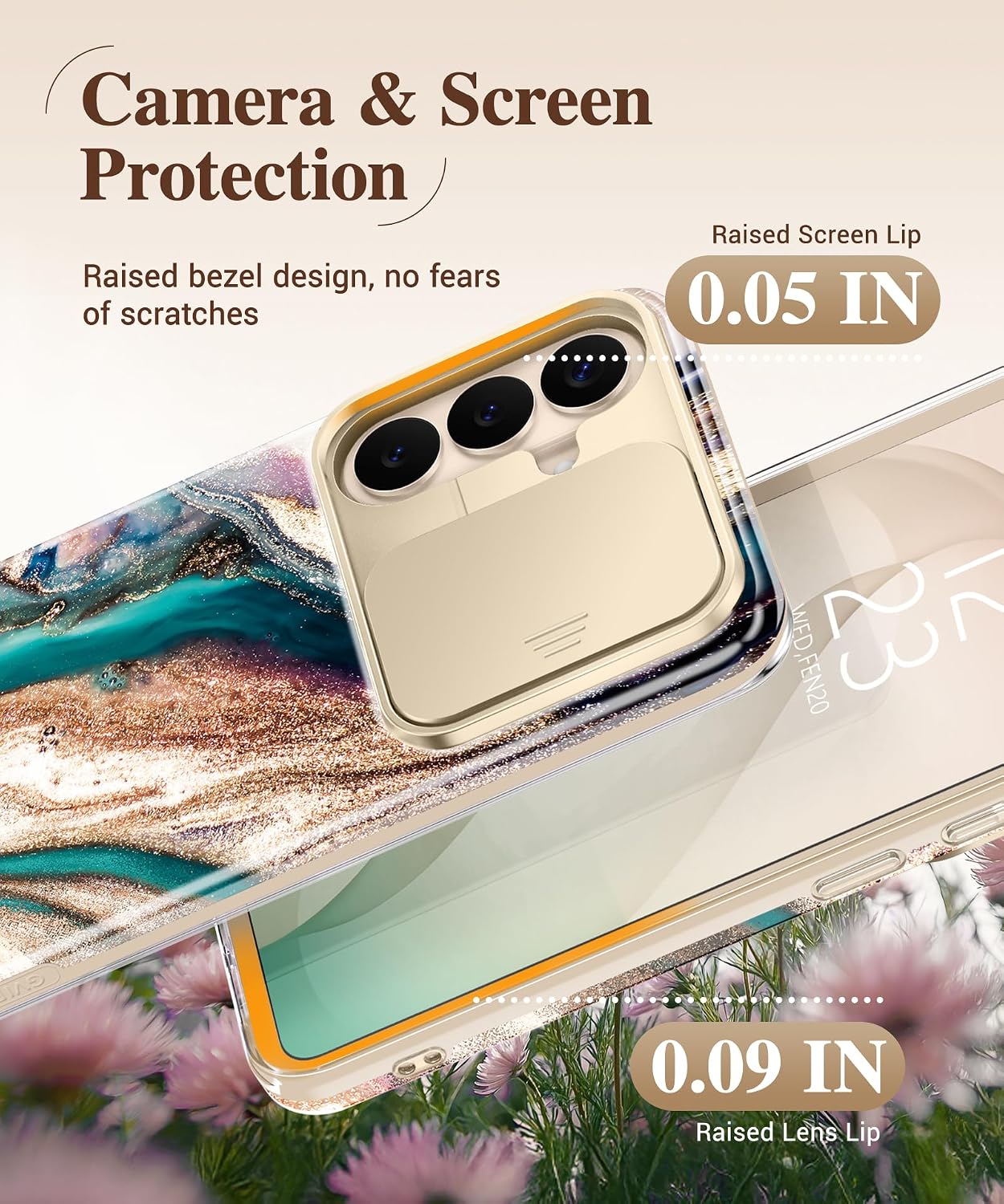 Detalle de GVIEWIN Marble Case for Samsung Galaxy S26 Plus with Slide Camera Cover and HD Screen Protector