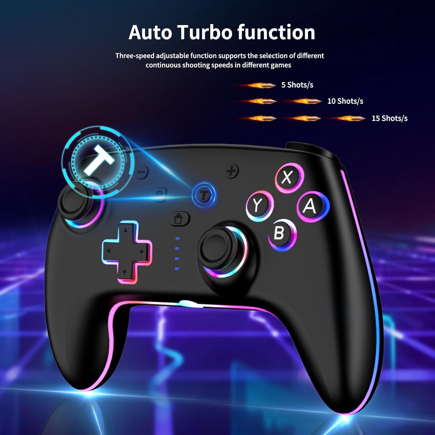 Detalle de RGB Wireless Controller 2er-Pack für Switch, Switch 2, Lite, OLED und PC – 7-Farb-LED, Gyrosensor, Dual-Vibration & Turbo