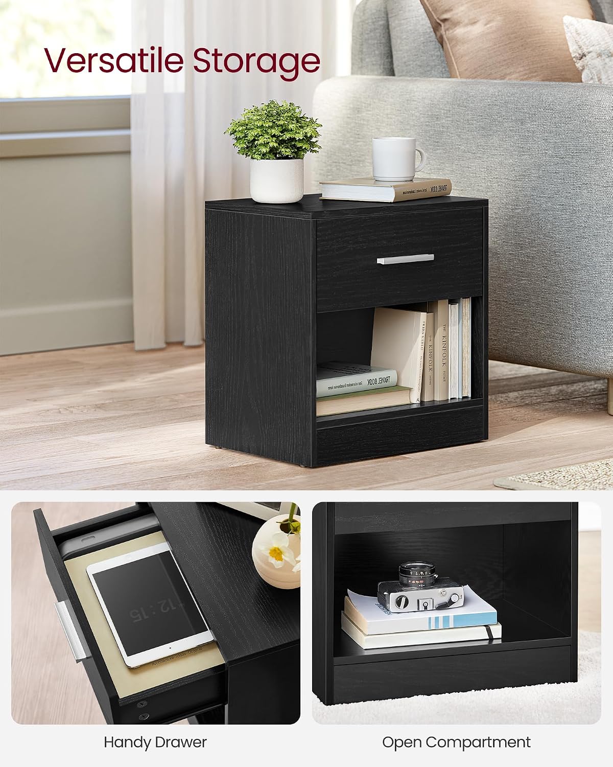 Detalle 1 de VASAGLE LET819T56 set of 2 bedside tables, black, with drawer and open shelf
