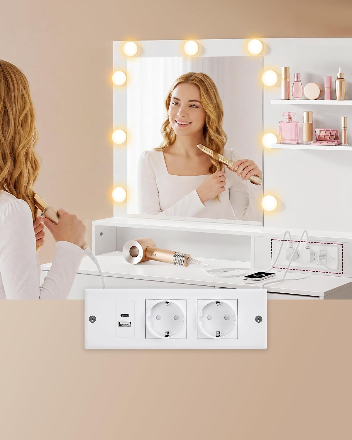 Detalle 1 de VASAGLE KAILYN RDT241WB01 – toaletka z lustrem LED, gniazdkiem i 9 szufladami