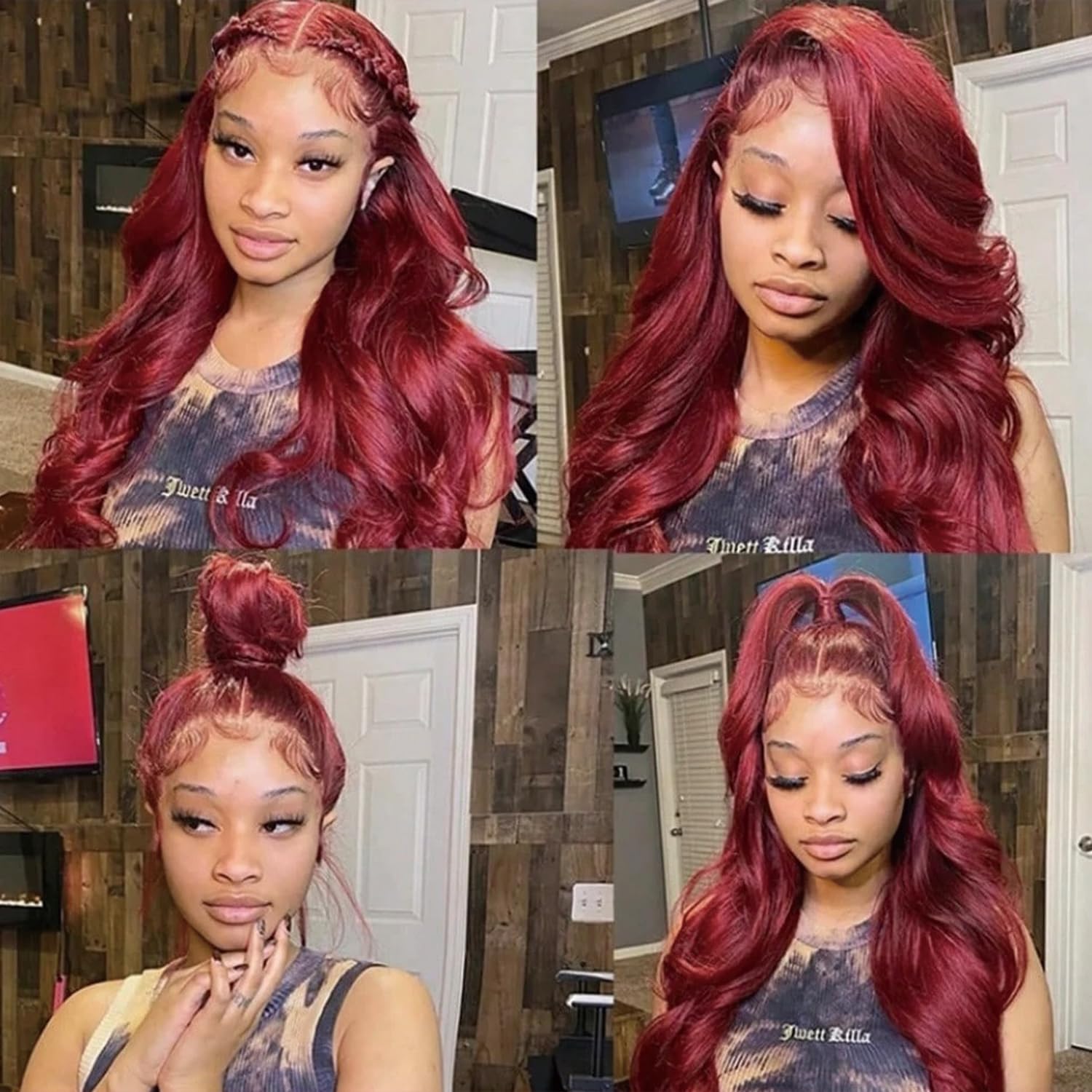Detalle 2 de QZOQZO 99J Burgundy 24-Inch Human Hair Lace Front Wig, 13x6 Body Wave