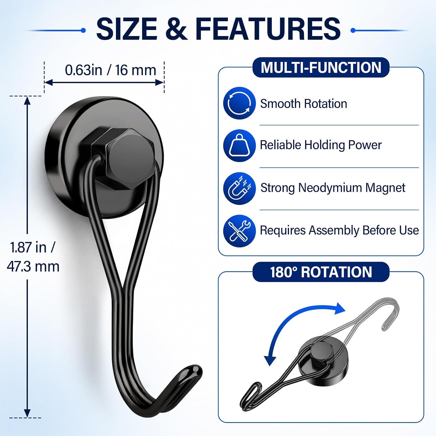 Detalle 2 de FINDMAG Magnetic Hooks, 6-Pack, 180° Swivel, 35 lb Vertical Capacity