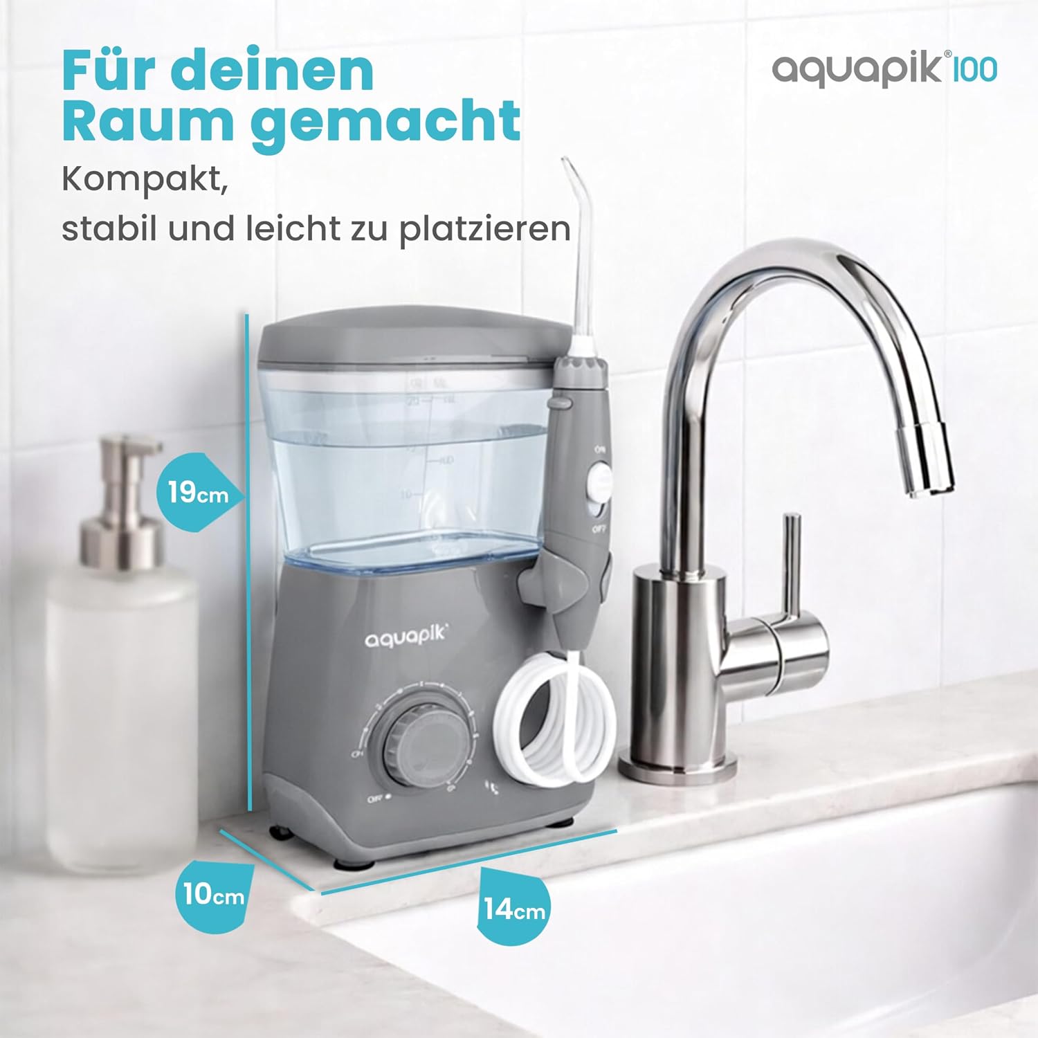 Thumbnail 6 de Aquapik 100 professionelle Munddusche mit 600-ml-Wassertank, 10 Druckstufen und 8 Aufsätzen, Grau